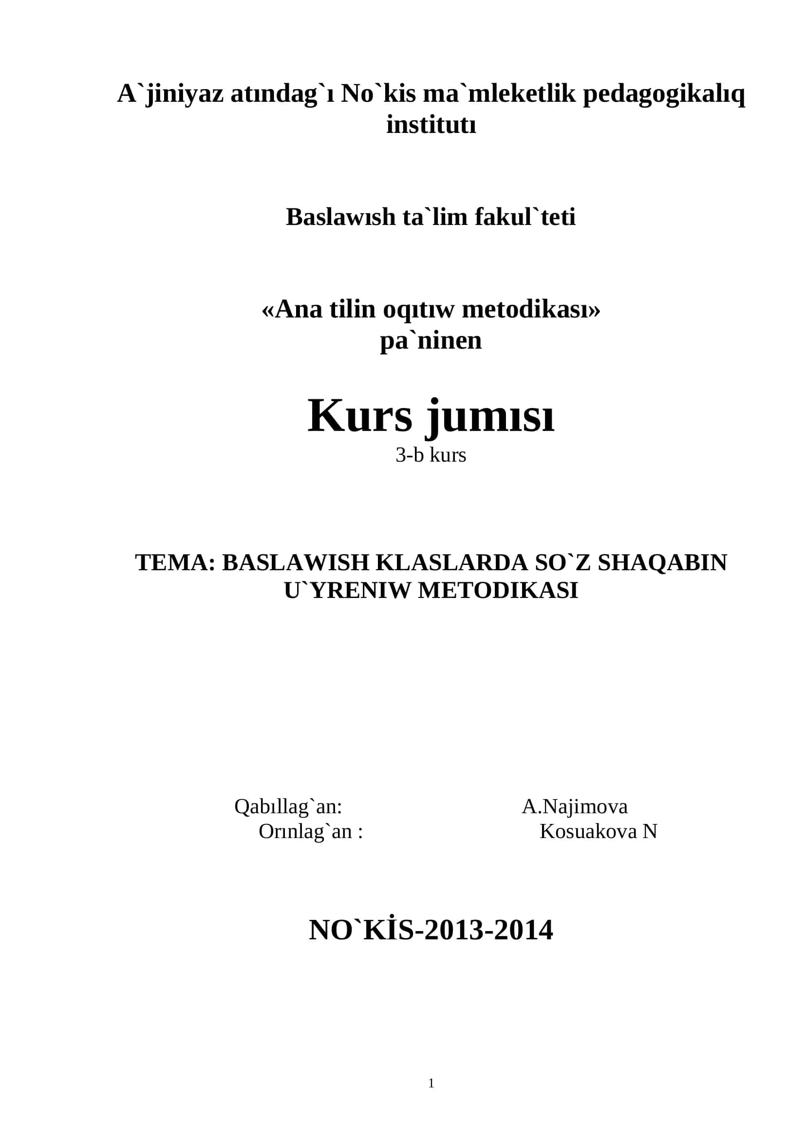 BASLAWISH KLASLARDA SO`Z SHAQABIN U`YRENIW METODIKASI 1