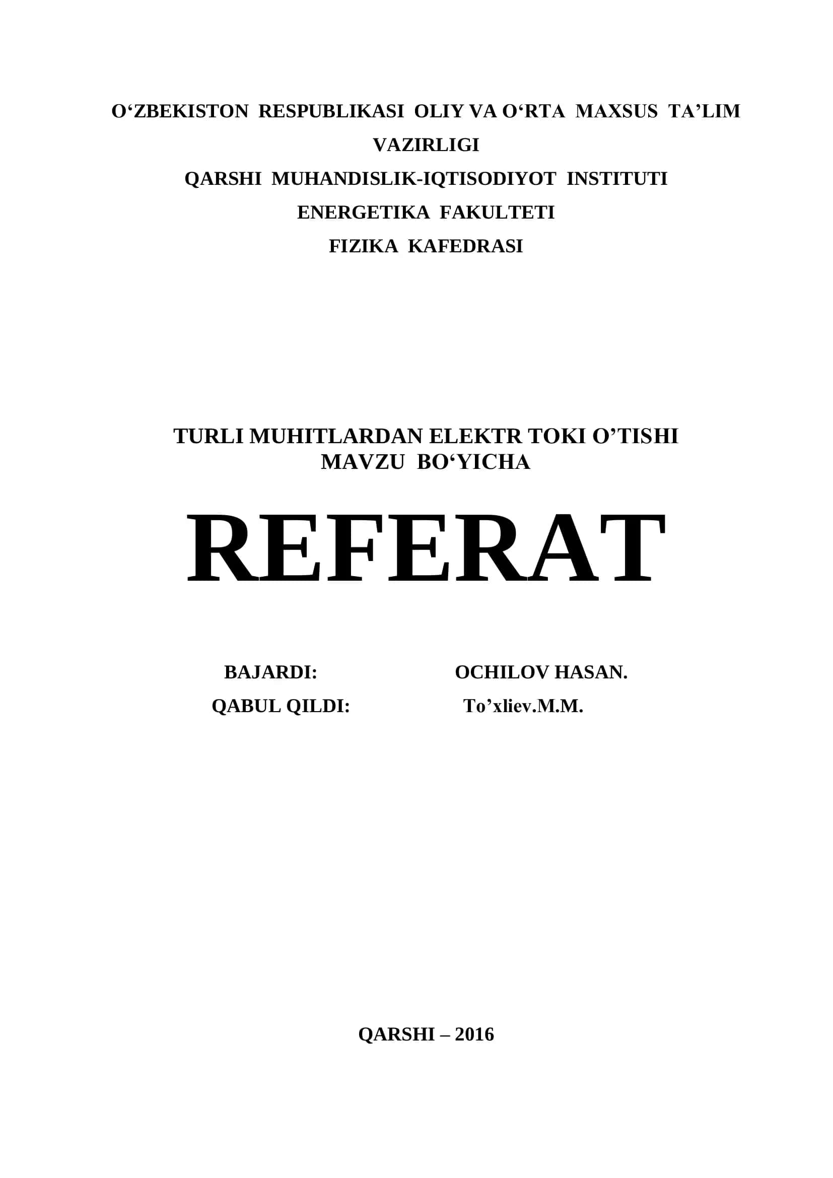 TURLI MUHITLARDAN ELEKTR TOKI O’TISHI 1