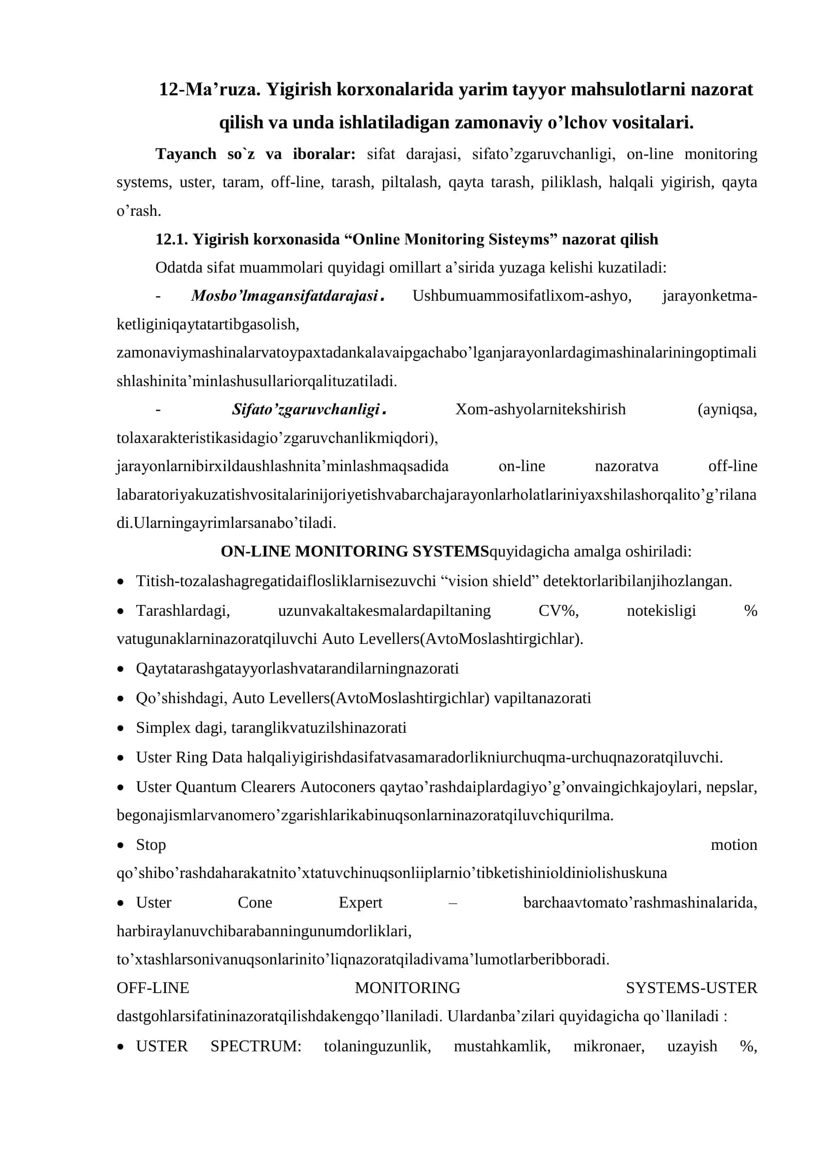 Yigirish korxonalarida yarim tayyor mahsulotlarni nazorat qilish va unda ishlatiladigan zamonaviy o'lchov vositalari 1