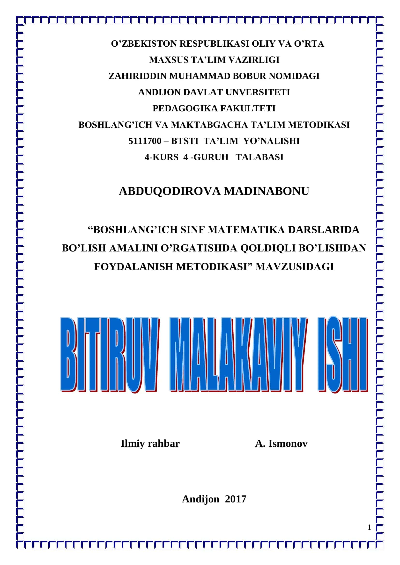 BOSHLANG’ICH SINF MATEMATIKA DARSLARIDA BO’LISH AMALINI O’RGATISHDA QOLDIQLI BO’LISHDAN 1