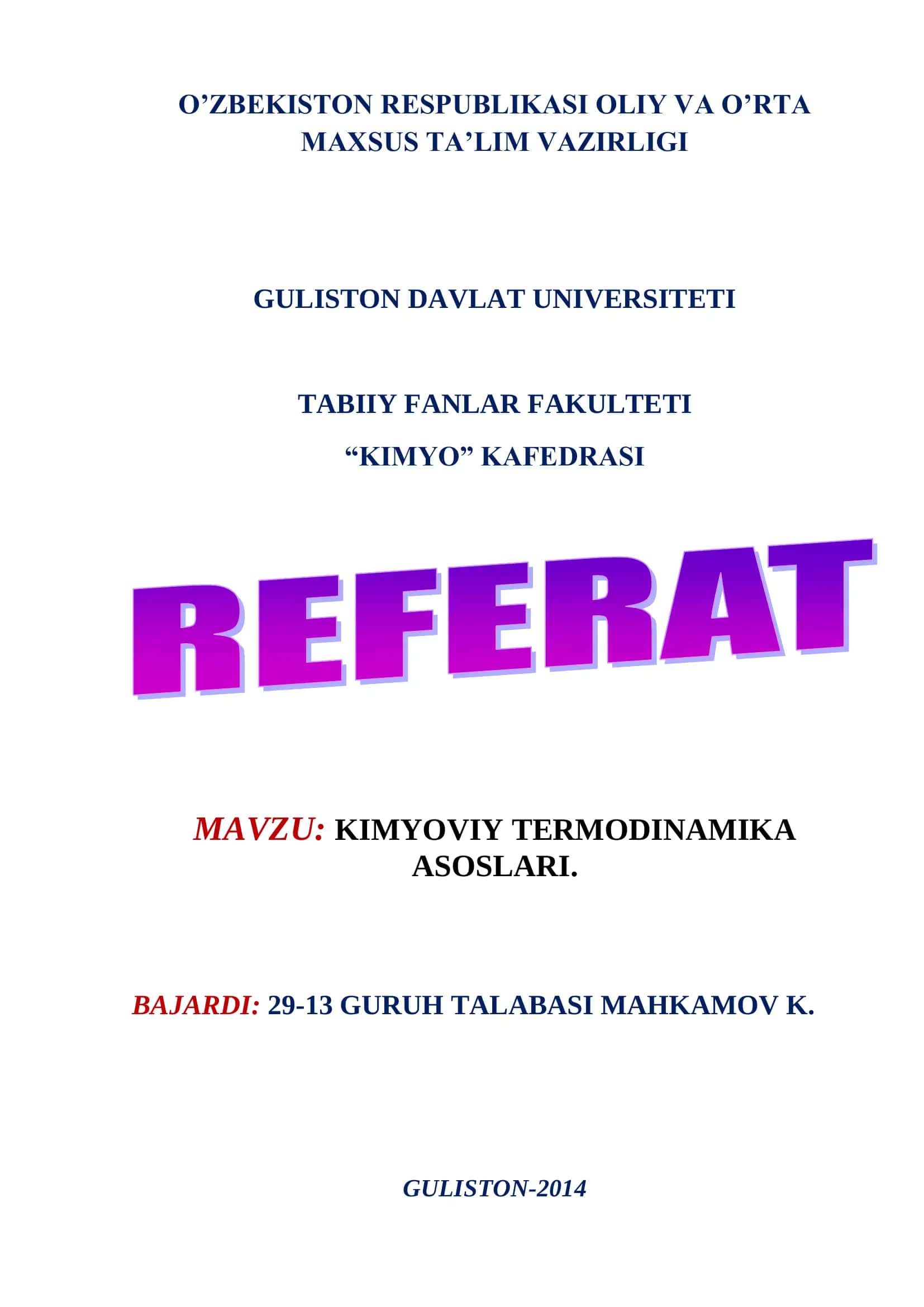 KIMYOVIY TERMODINAMIKA ASOSLARI 1