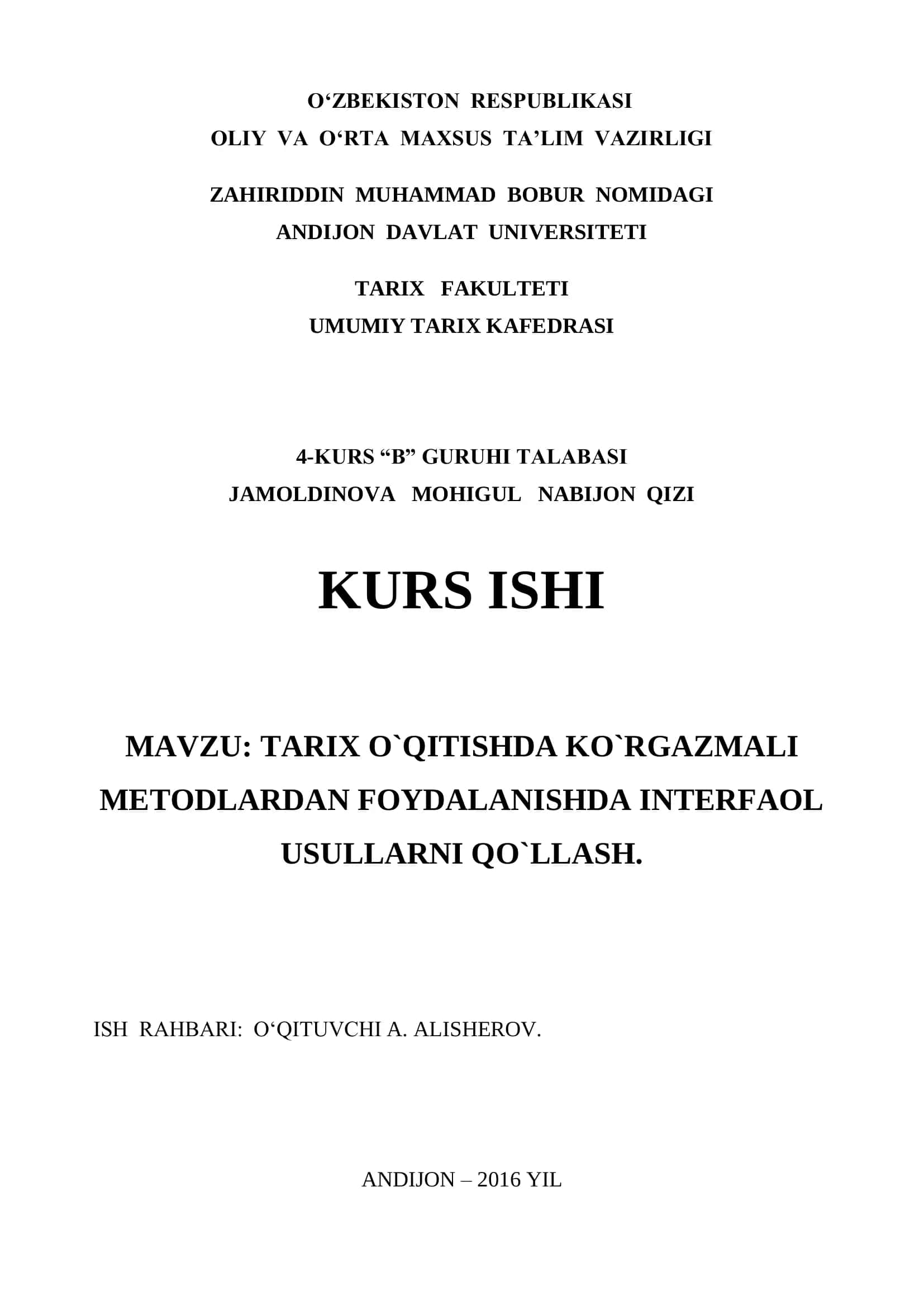 TARIX O`QITISHDA KO`RSATMALI METODLARDAN FOYDALANISHDA INTERFAOL USULLARNI QO`LLASH 1