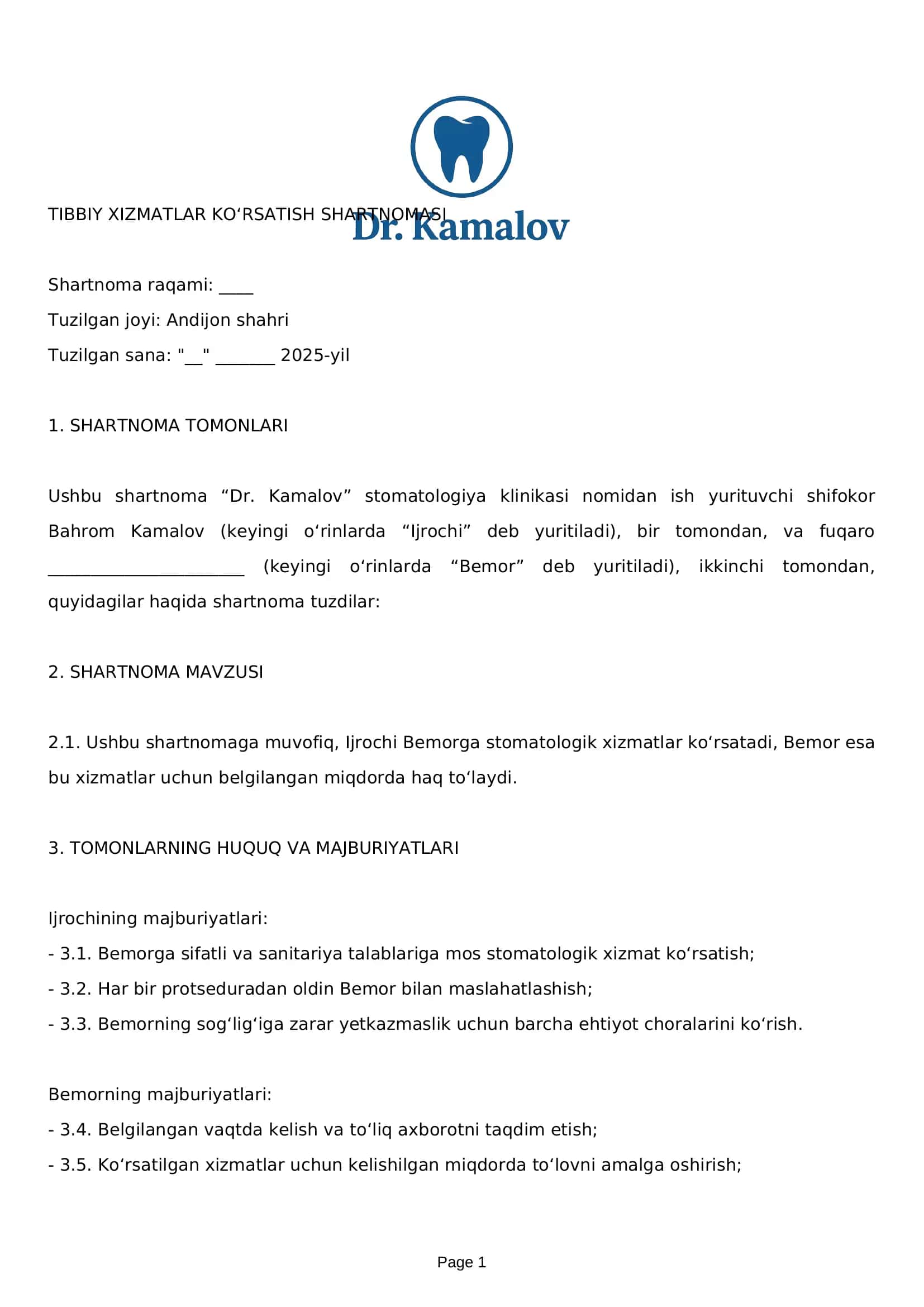 TIBBIY XIZMATLAR KO‘RSATISH SHARTNOMASI 1
