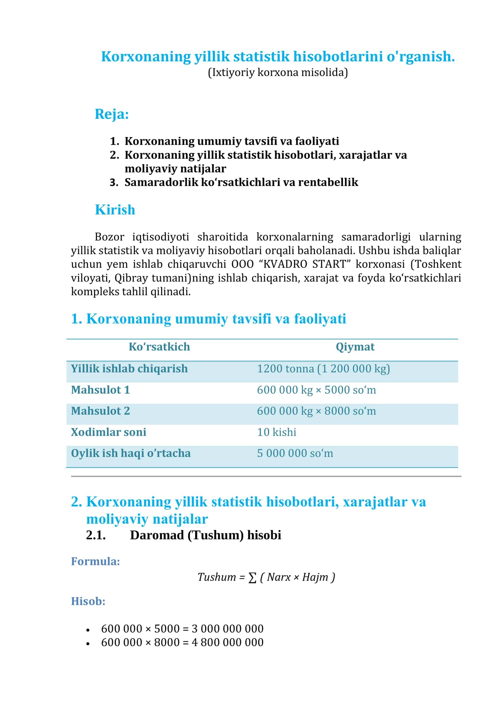 Korxonaning yillik statistik hisobotlarini o'rganish. (Ixtiyoriy korxona misolida) 1