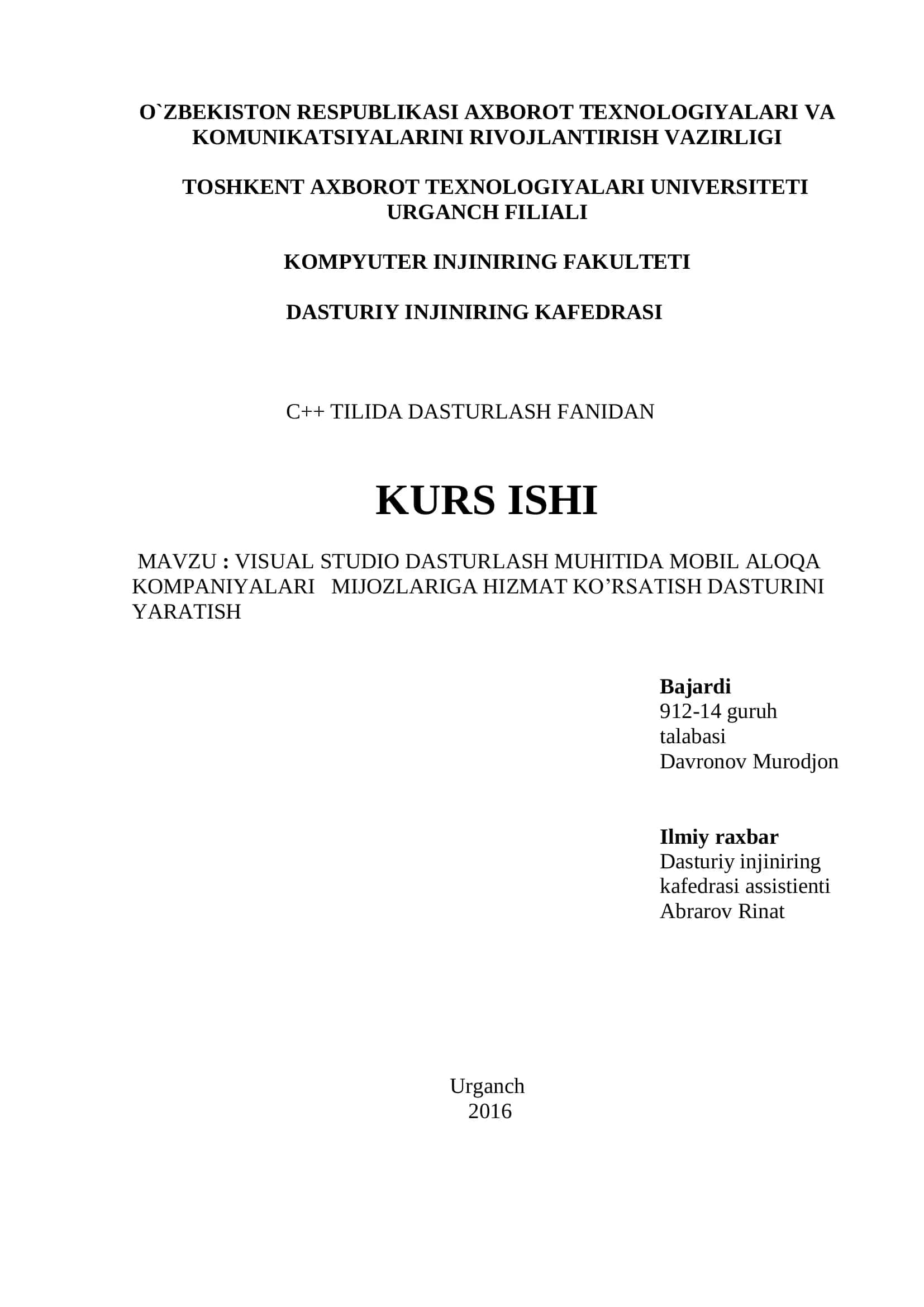 VISUAL STUDIO DASTURLASH MUHITIDA MOBIL ALOQA KOMPANIYALARI MIJOZLARIGA HIZMAT KO’RSATISH DASTURINI YARATISH 1