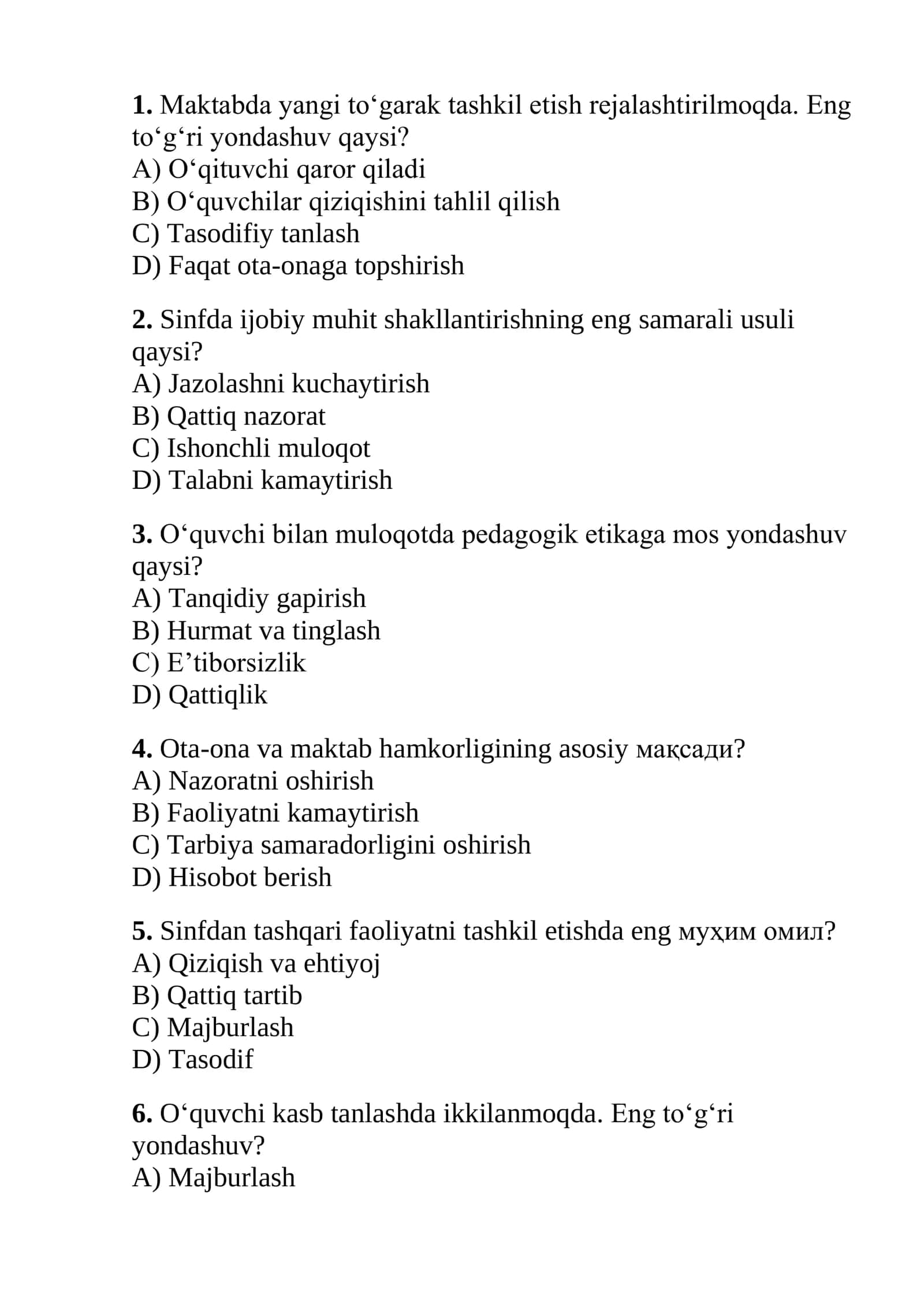 Maktab maslahatchilari uchun testlar to'plami 2026 1