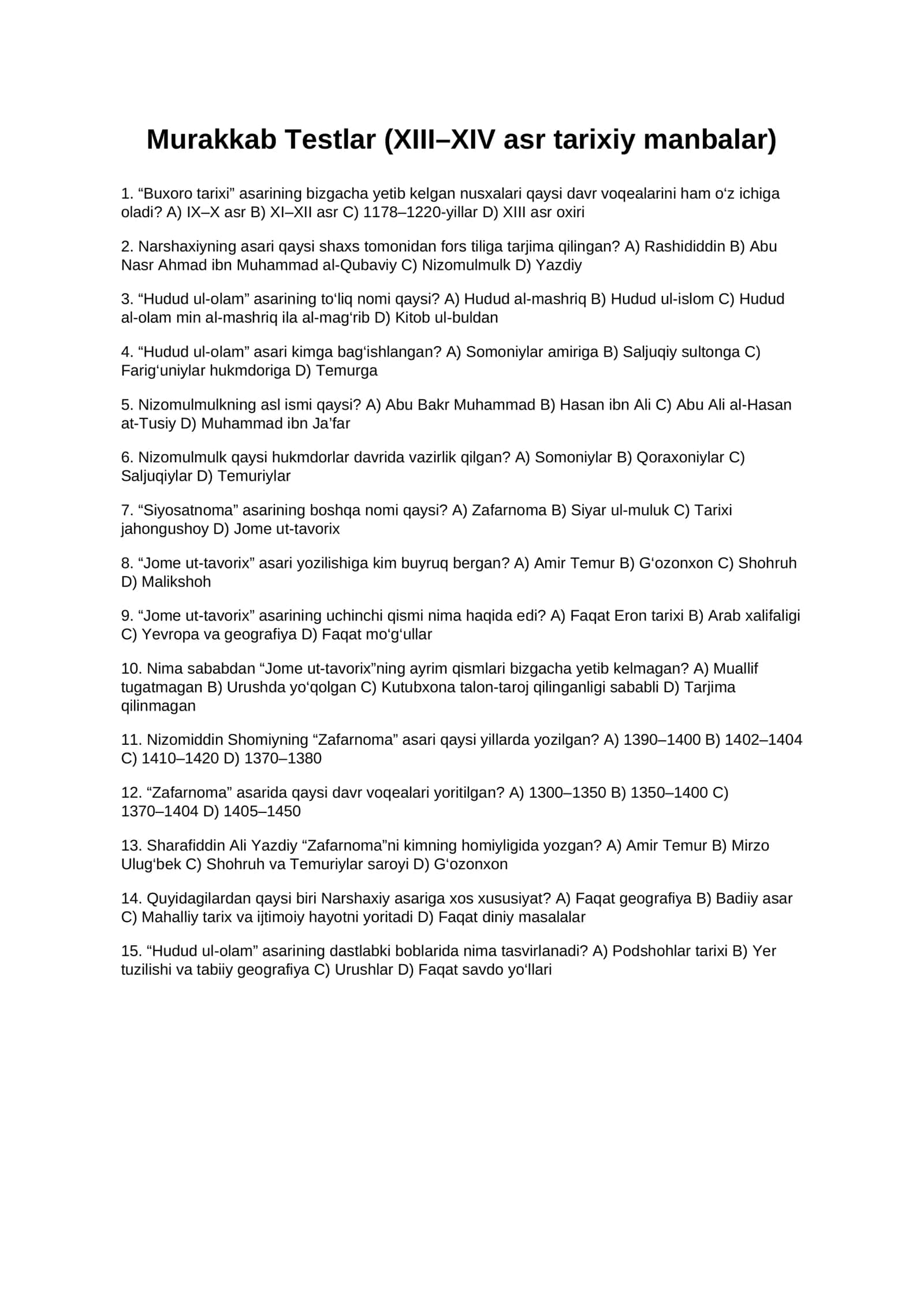 Murakkab Testlar (XIII–XIV asr tarixiy manbalar) 1