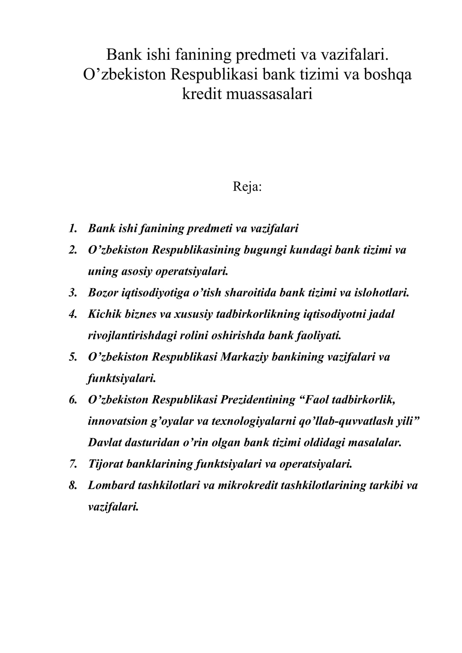 Bank ishi fanining predmeti va vazifalari 1