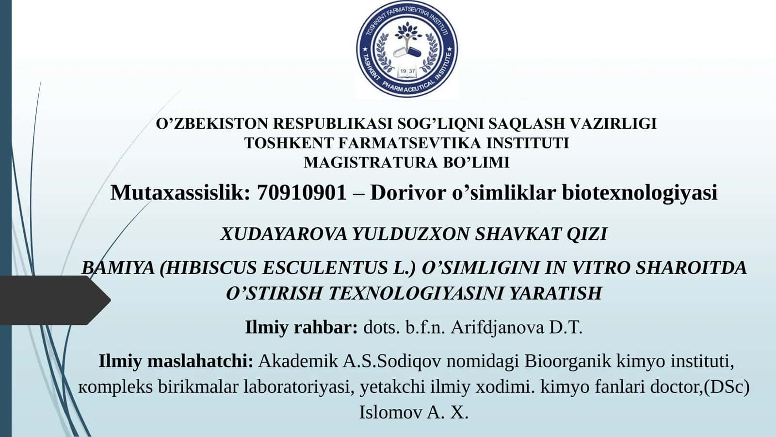 BAMIYA (HIBISCUS ESCULENTUS L.) O’SIMLIGINI IN VITRO SHAROITDA O’STIRISH TEXNOLOGIYASINI YARATISH 1
