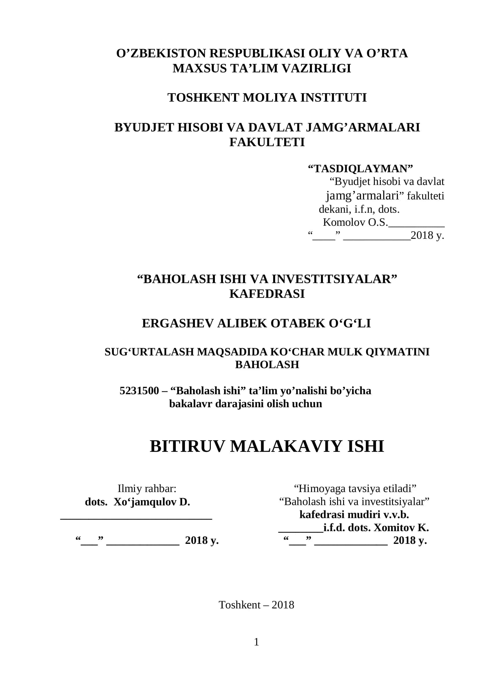 Bob. Sug’urtalash maqsadida ko’char mulk qiymatini baholashning nazariy, huquqiy va metodologik asoslari 1
