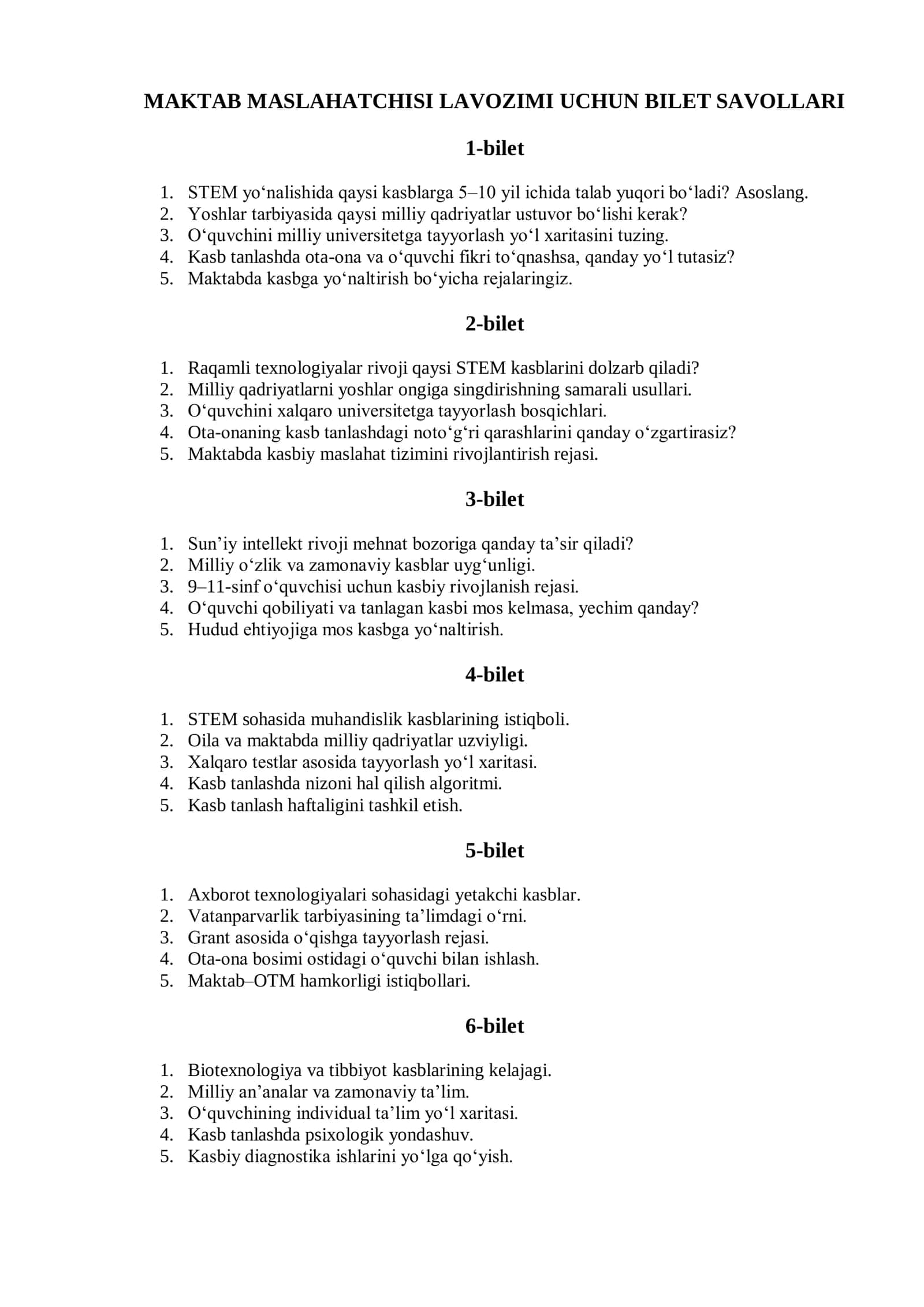 MAKTAB MASLAHATCHISI LAVOZIMI UCHUN BILET SAVOLLARI 1