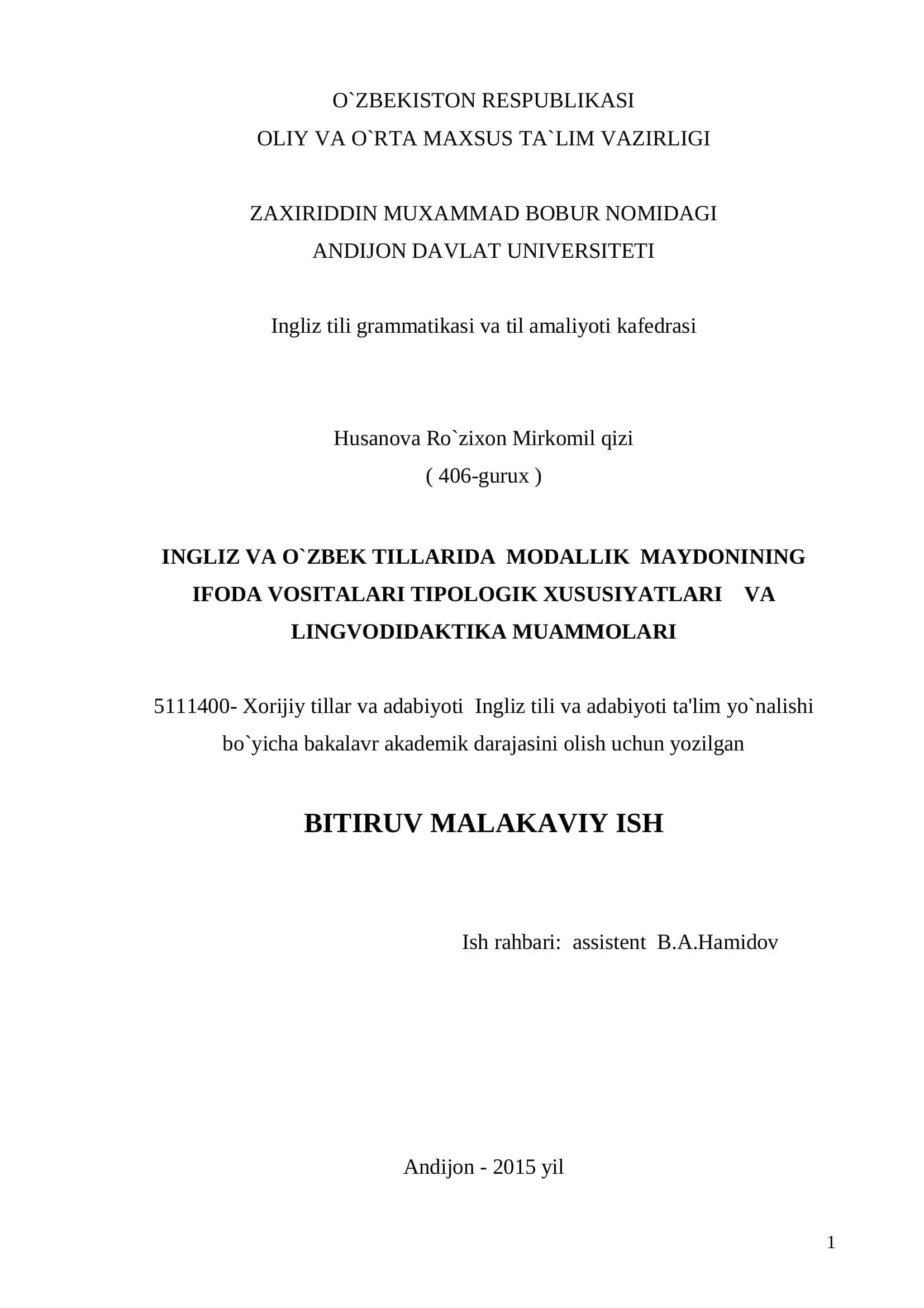 INGLIZ VA O`ZBEK TILLARIDA MODALLIK MAYDONINING IFODA VOSITALARI TIPOLOGIK XUSUSIYATLARI VA LINGVODIDAKTIKA MUAMMOLARI 1