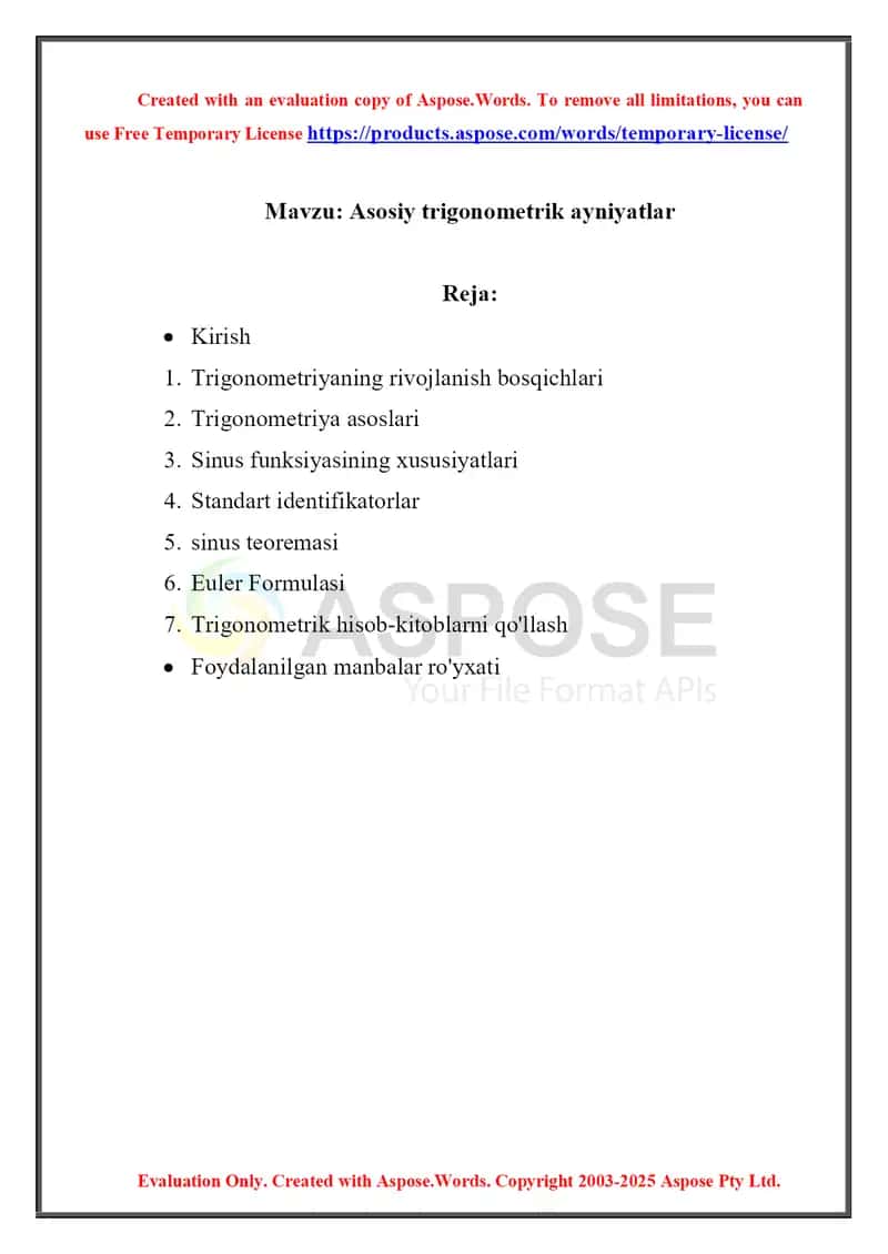 Asosiy trigonometrik ayniyatlar 1