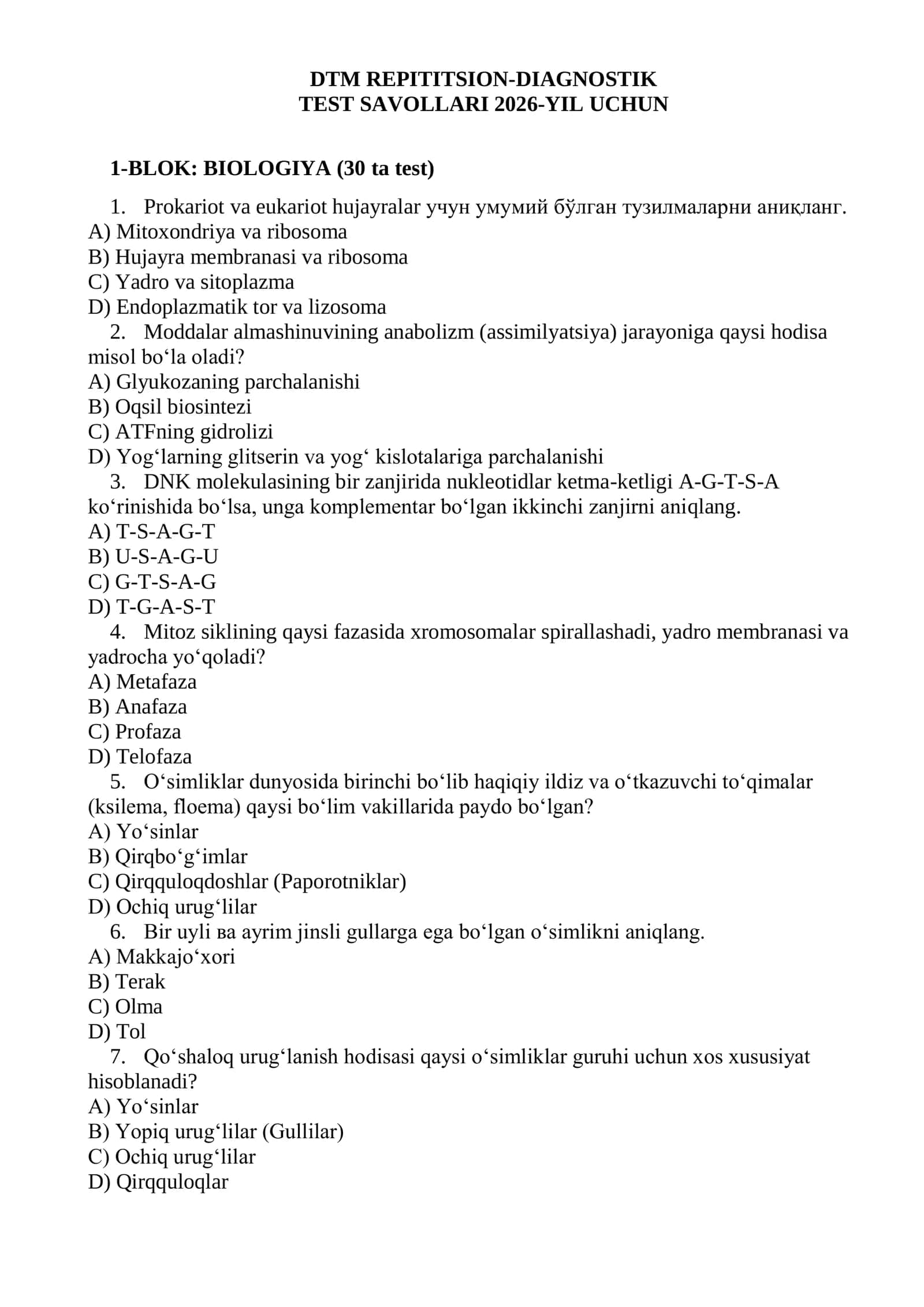 DTM repititsion-diagnostik testlar 2026-yil Biologiya-Geografiya 1