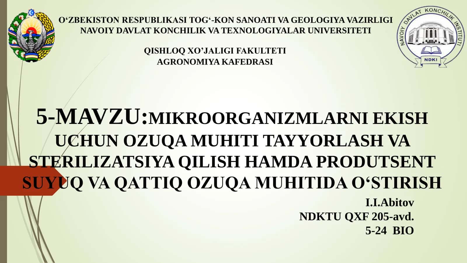 MIKROORGANIZMLARNI EKISH UCHUN OZUQA MUHITI TAYYORLASH VA STERILIZATSIYA QILISH HAMDA PRODUTSENT SUYUQ VA QATTIQ OZUQA MUHITIDA O‘STIRISH 1