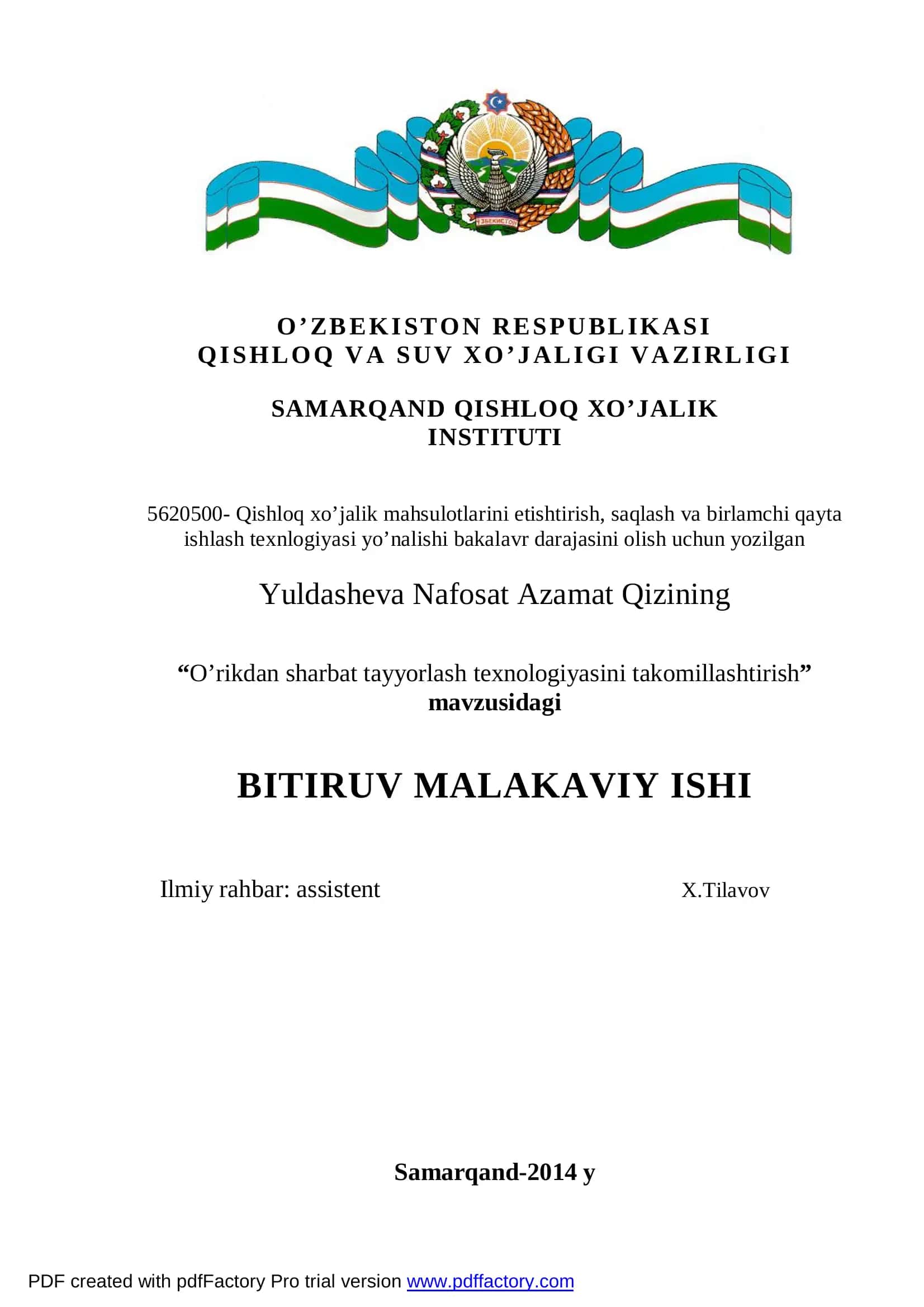 "O’rikdan sharbat tayyorlash texnologiyasini takomillashtirish" mavzusidagi BITIRUV MALAKAVIY ISHI 1
