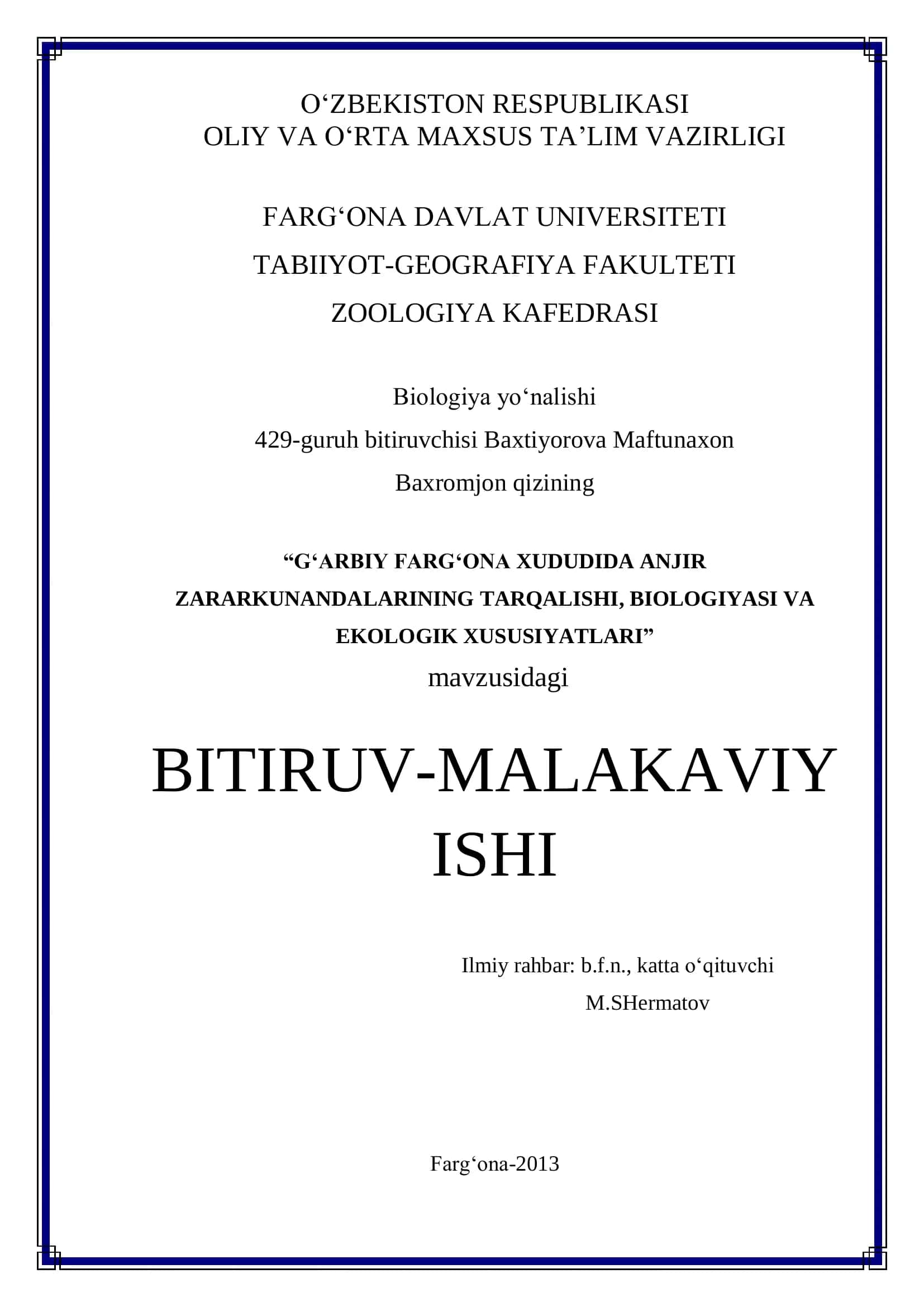 G‘arbiy Farg‘ona xududida anjir zararkunandalarining tarqalishi, biologiyasi va ekologik xususiyatlari 1