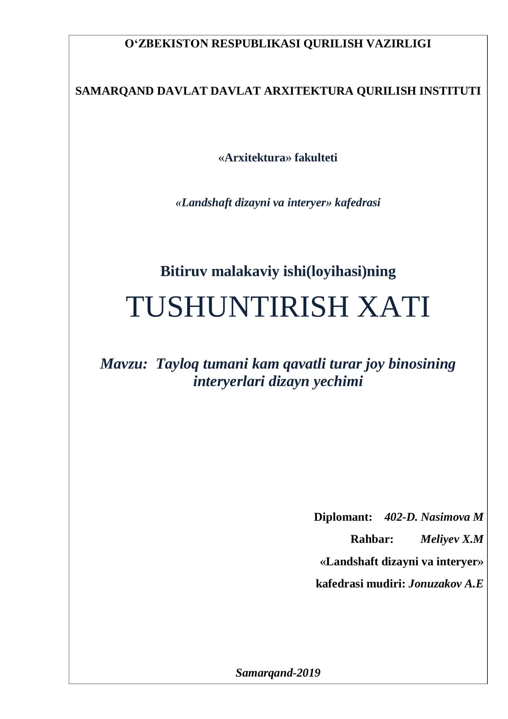 Tayloq tumani kam qavatli turar joy binosining interyerlari dizayn yechimi 1