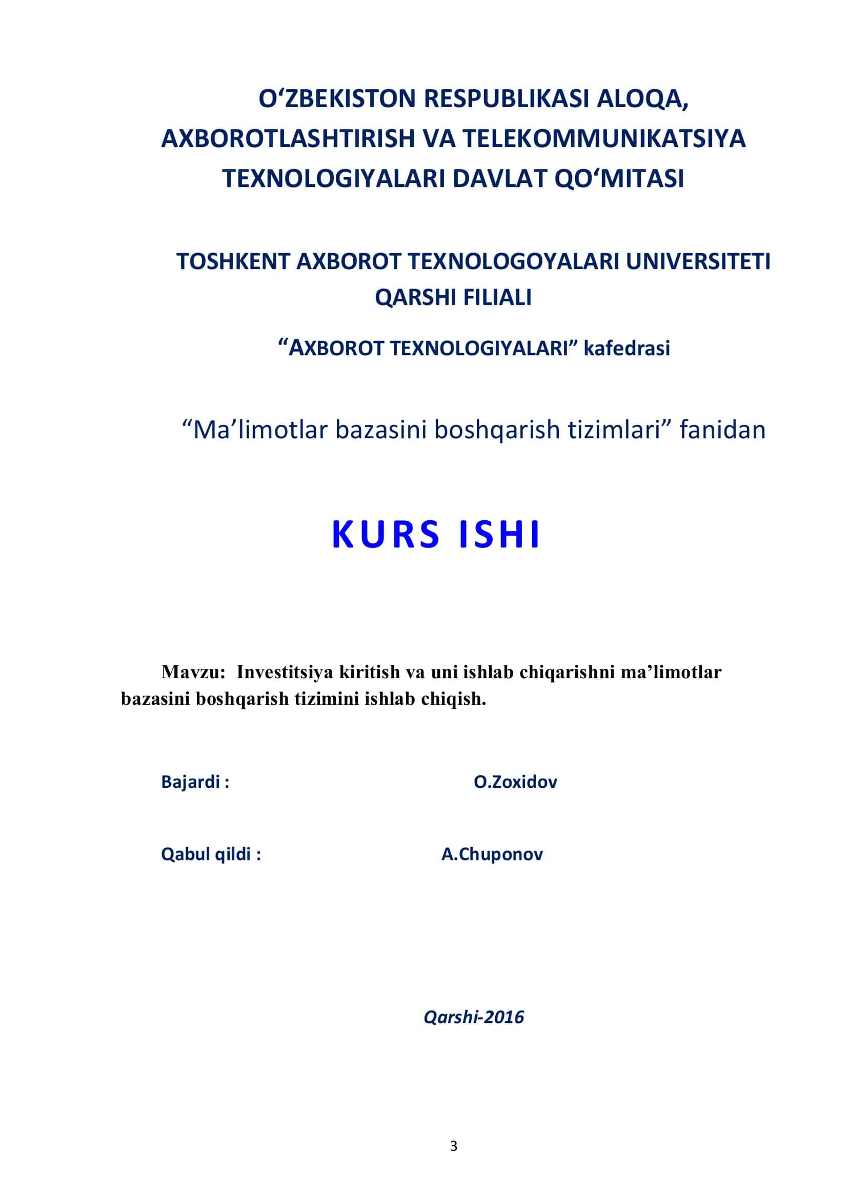 Investitsiya kiritish va uni ishlab chiqarishni ma’limotlar bazasini boshqarish tizimini ishlab chiqish 1