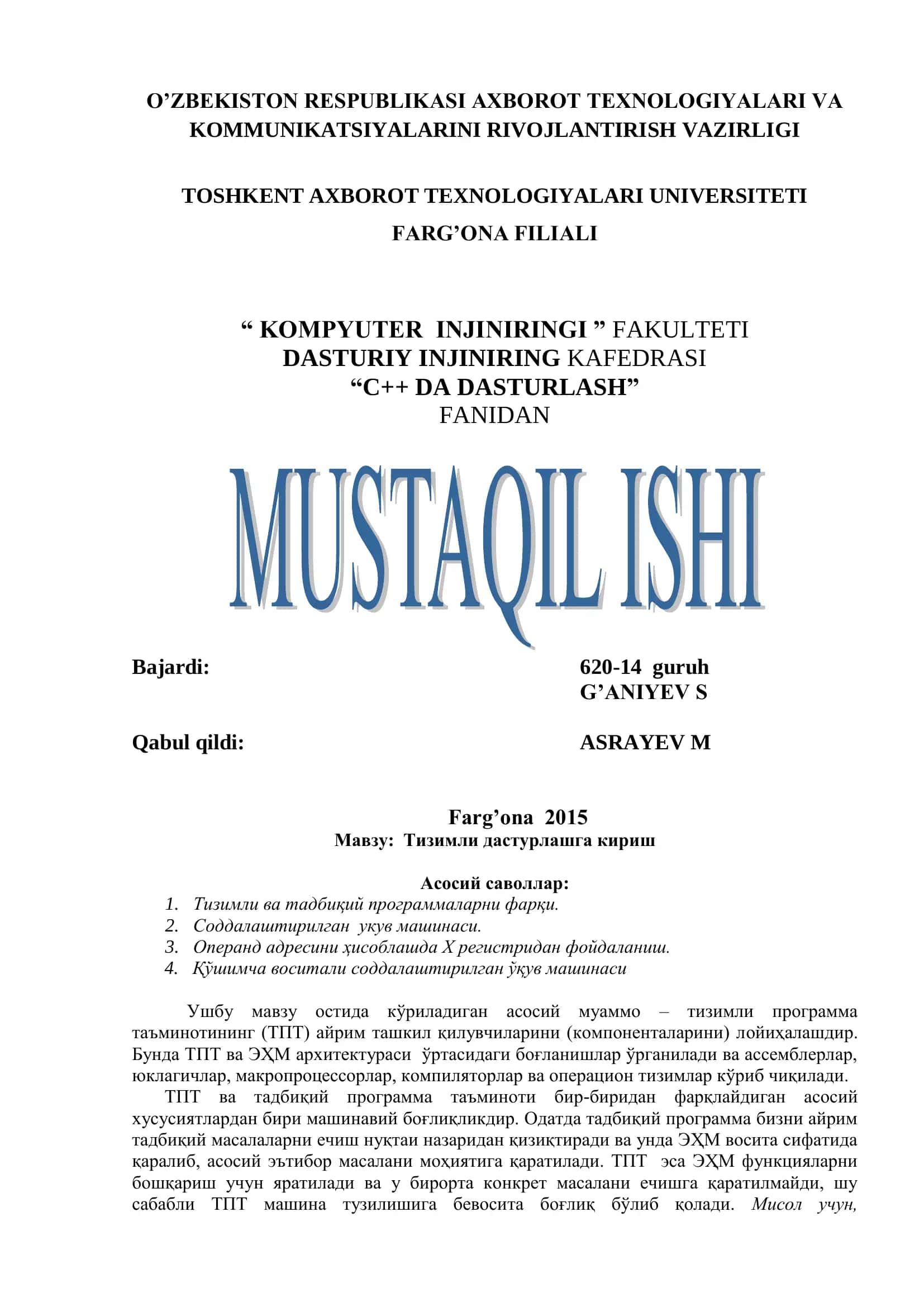 C++ DA DASTURLASH 1