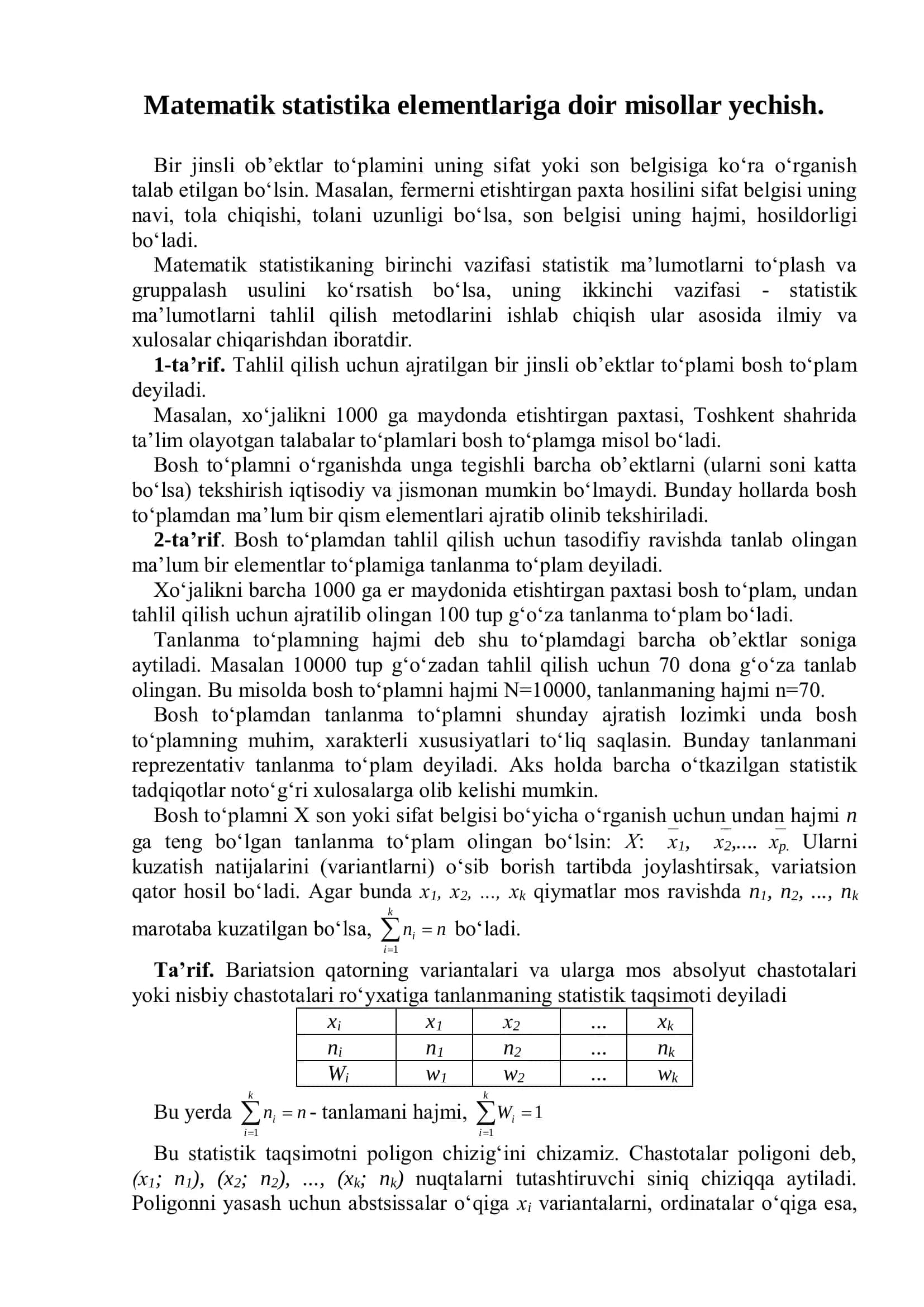 Matematik statistika elementlariga doir misollar yechish 1