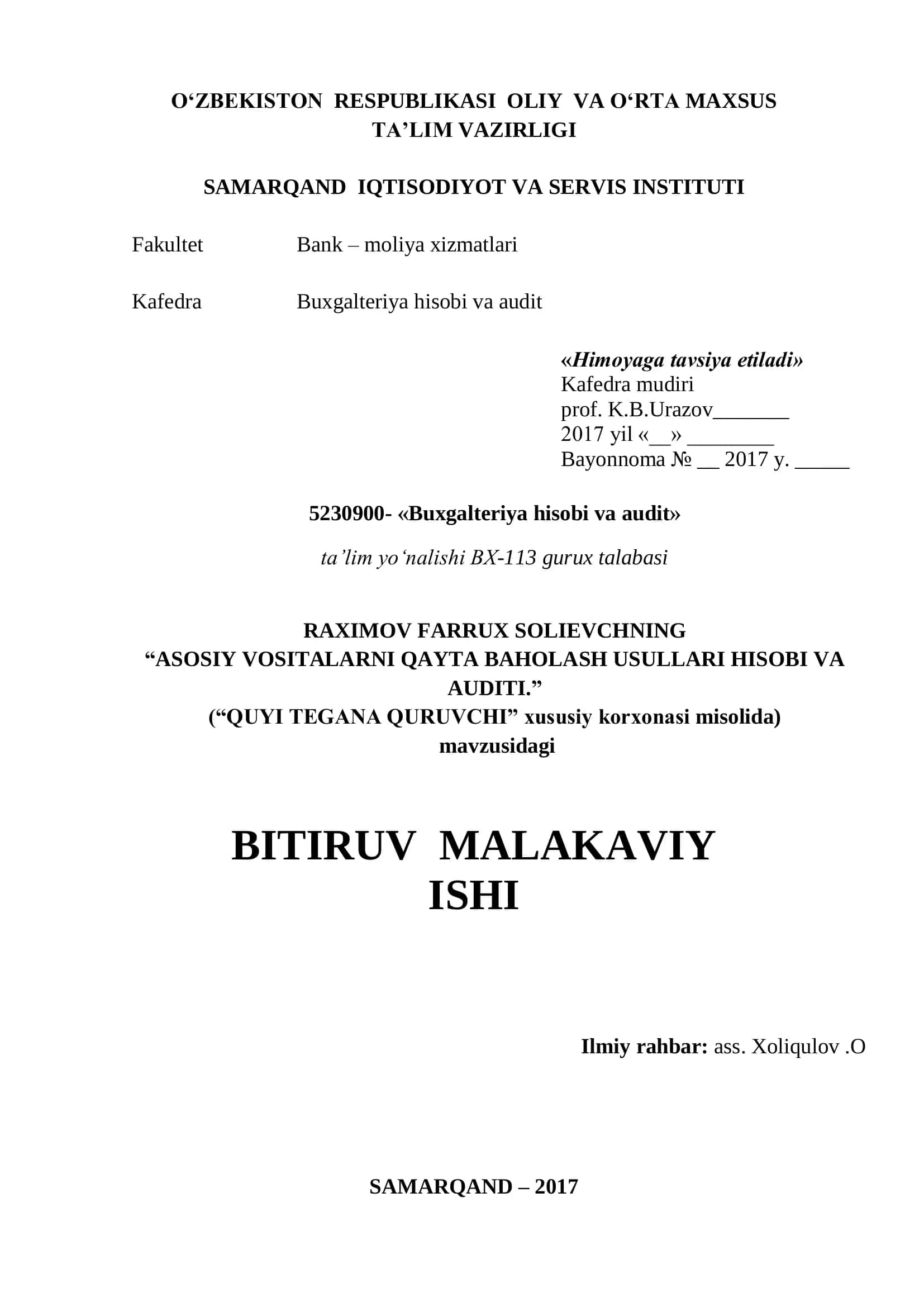 “ASOSIY VOSITALARNI QAYTA BAHOLASH USULLARI HISOBI VA AUDITI.” 1