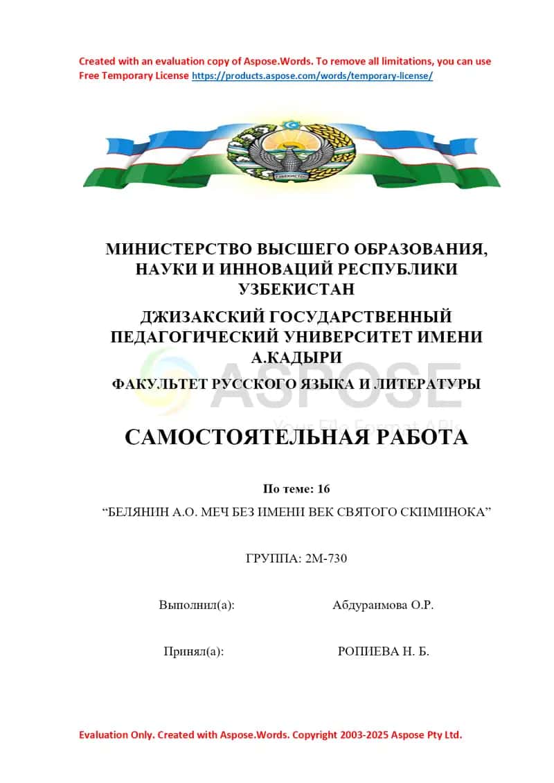 Вопросы БЕЛЯНИН.А.О. МЕЧ БЕЗ ИМЕНИ ВЕК СВЯТОГО СКИМИНОКА 1