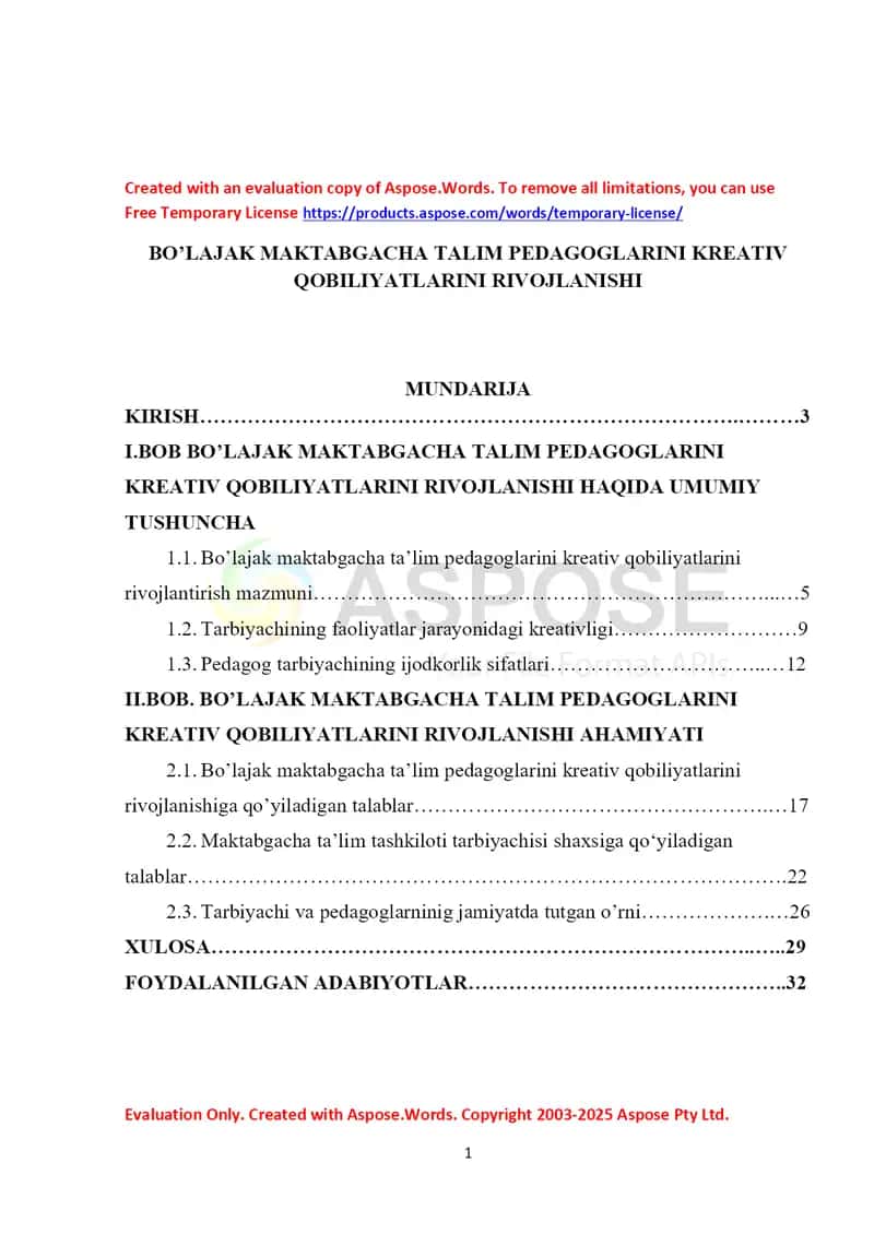 Bo’lajak maktabgacha ta’lim pedagoglarini kreativ qobiliyatlarini rivojlanishi (kurs ishi) 1