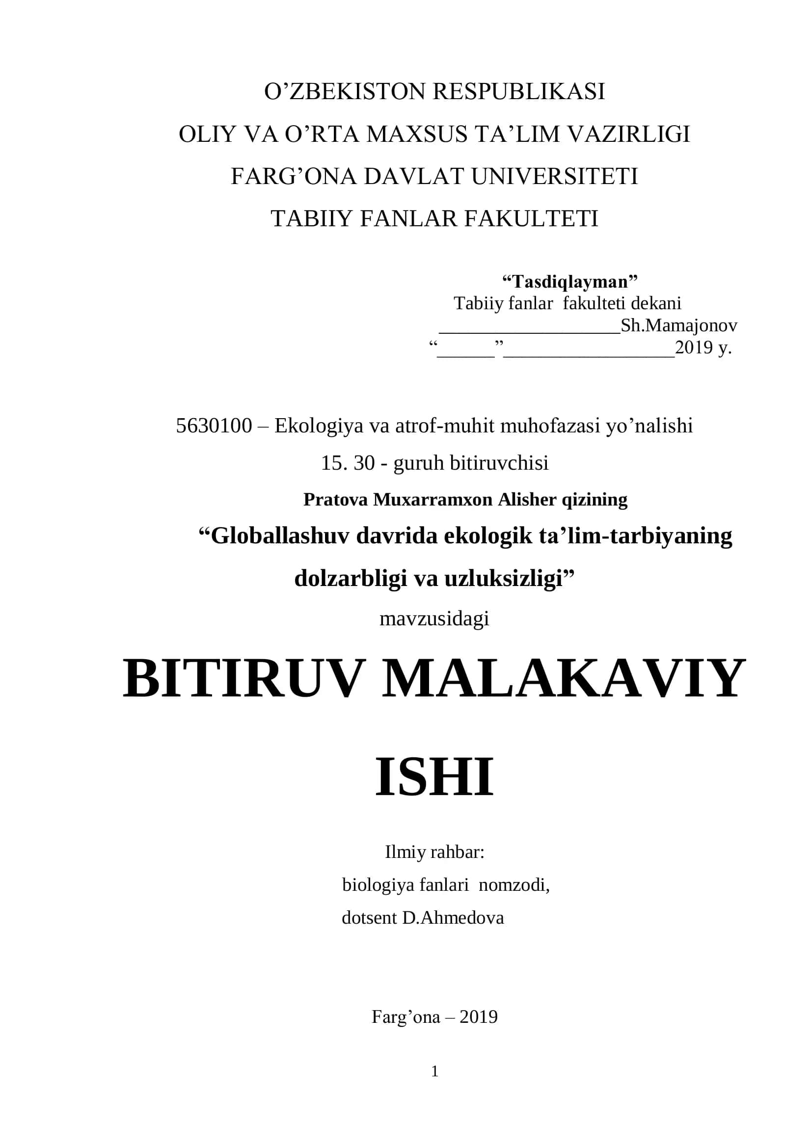 Globallashuv davrida ekologik ta’lim-tarbiyaning dolzarbligi va uzluksizligi 1