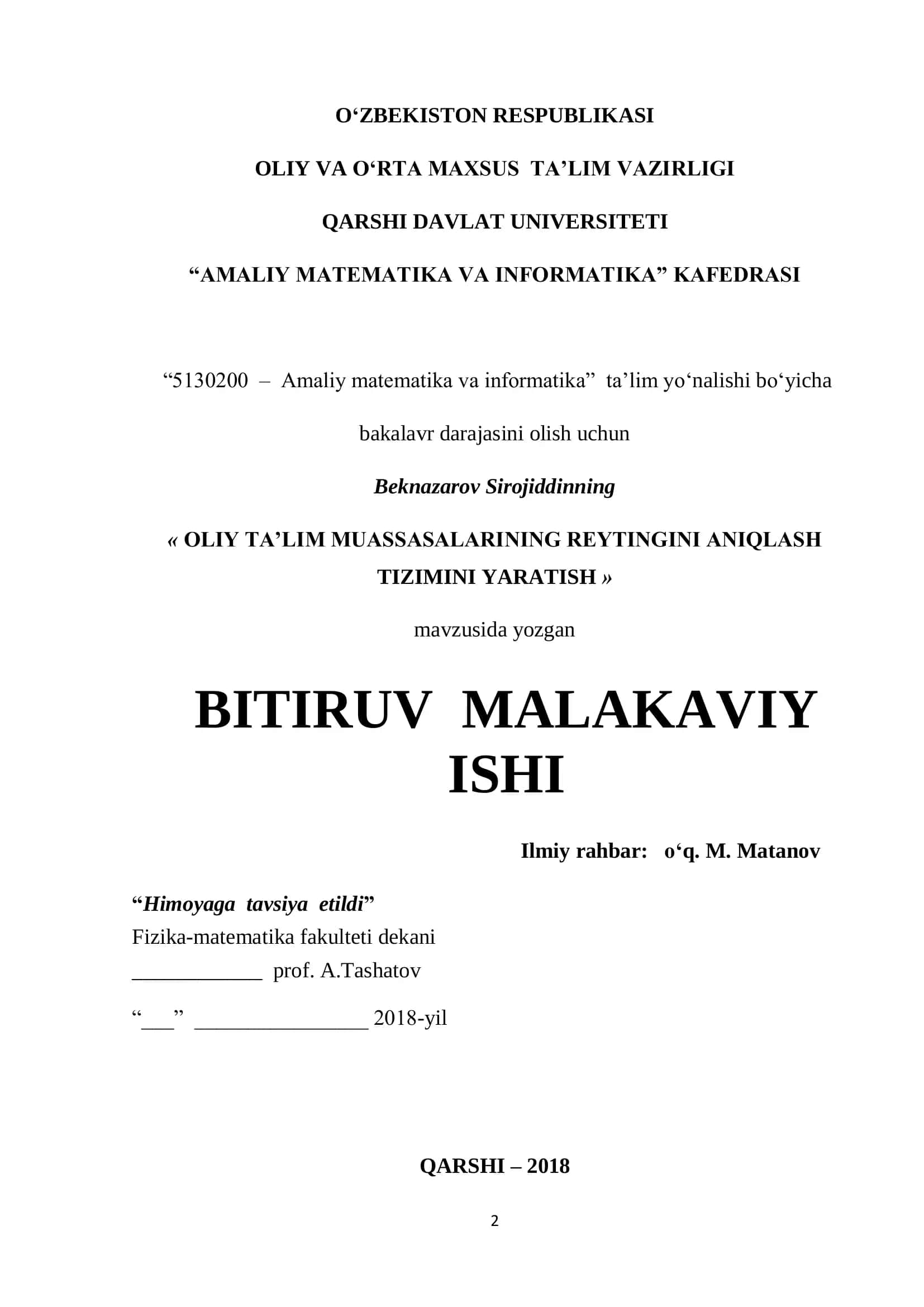 O‘zbekiston Respublikasi Oliy va O‘rta Maxsus Ta’lim Vazirligi Qarshi Davlat Universiteti “Amaliy Matematika va Informatika” Kafedrasi 1