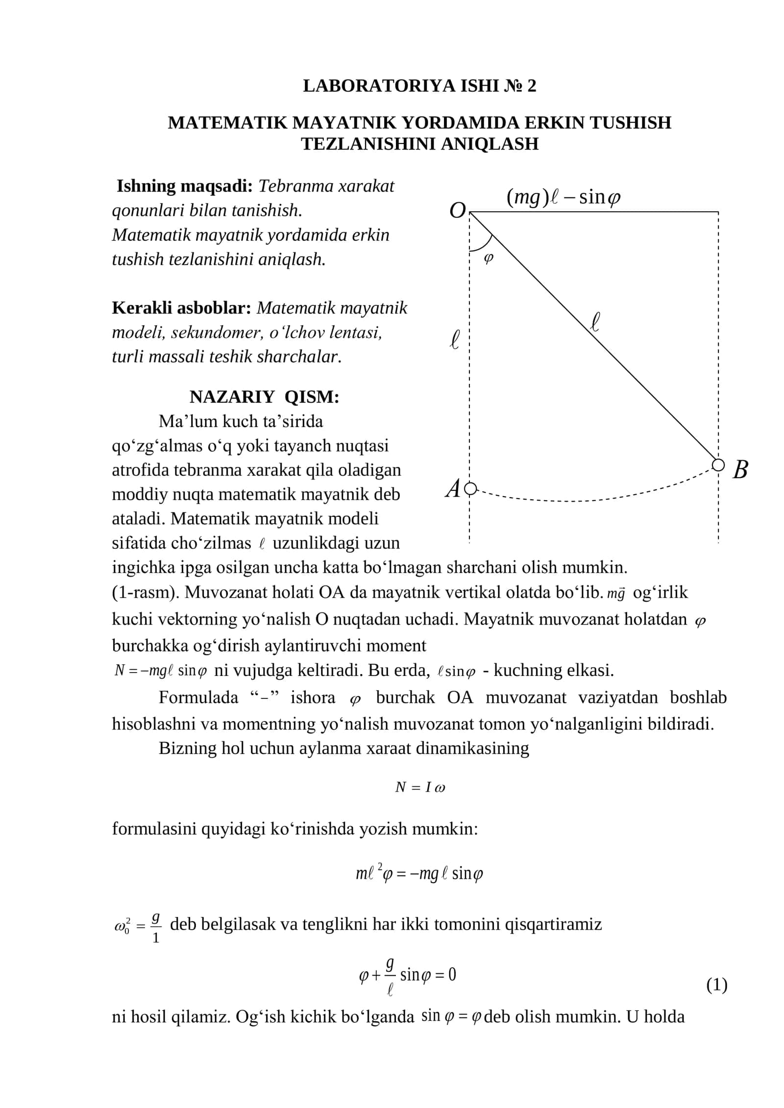 Matematik mayatnik yordamida erkin tushish tezlanishini aniqlash. 1
