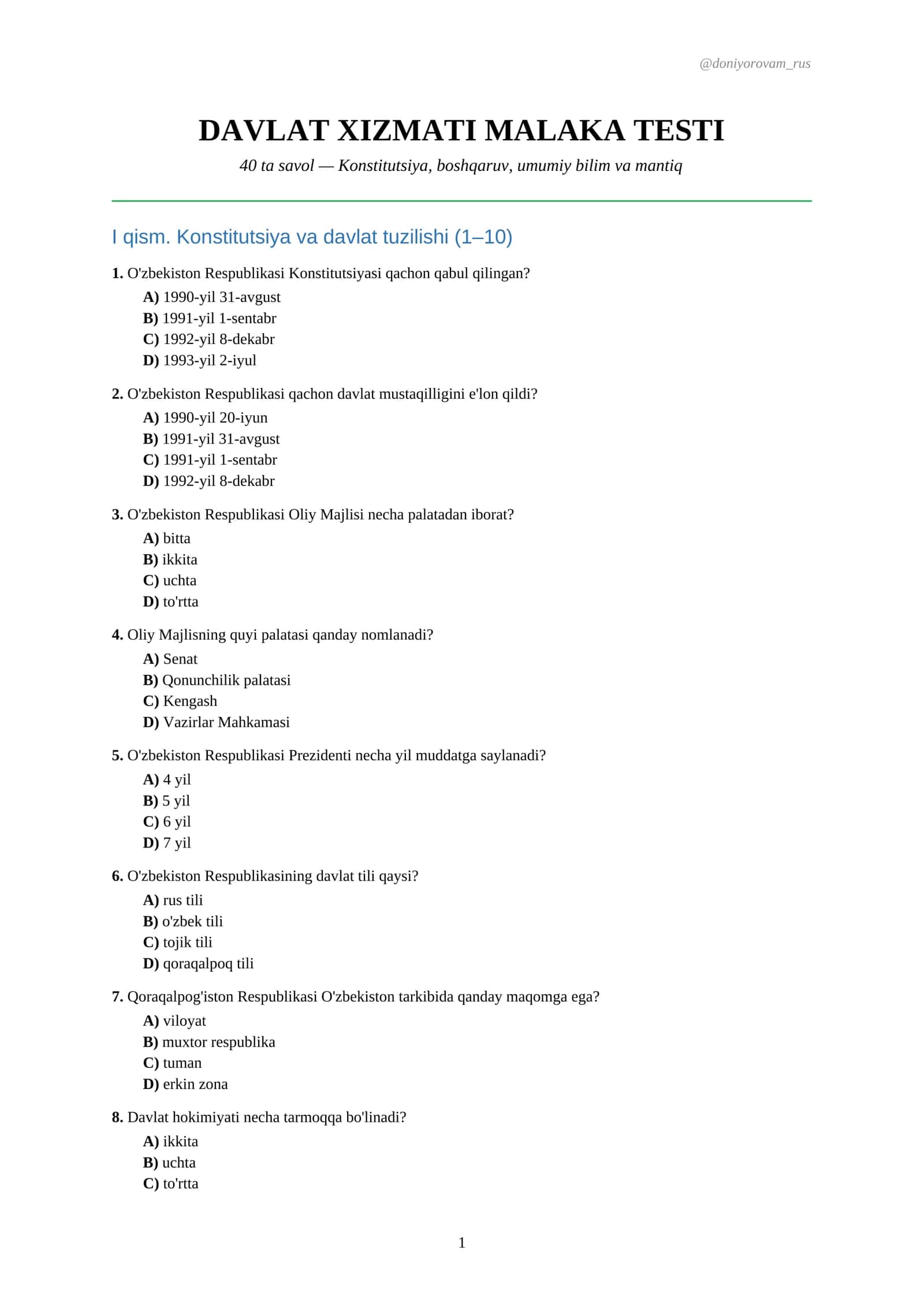 DAVLAT XIZMATI MALAKA TESTI 1