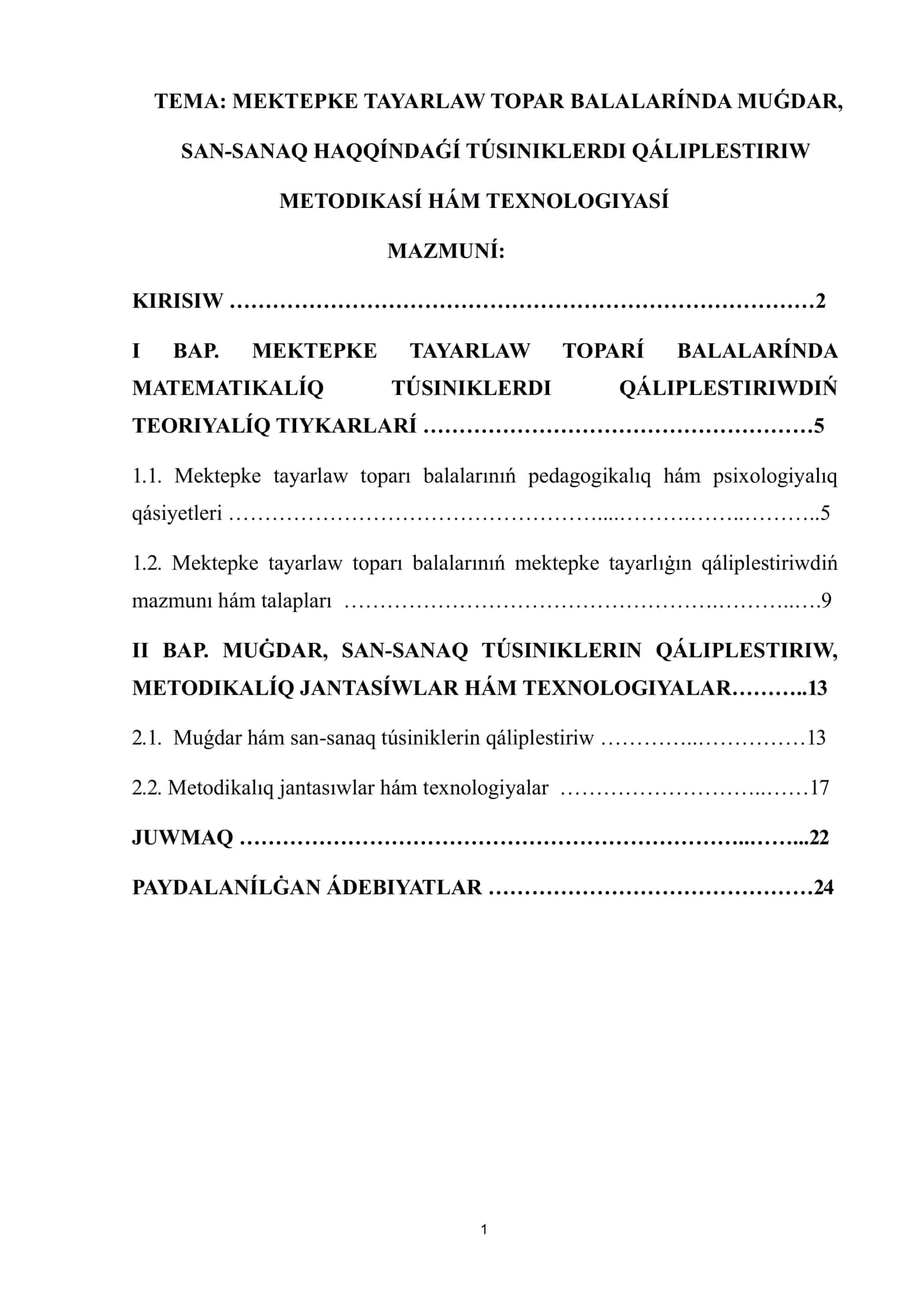 Mektepke tayarlaw toparı balalarında muǵdar, san-sanaq haqqındaǵı túsiniklerdi qáliplestiriw metodikası hám texnologiyası 1