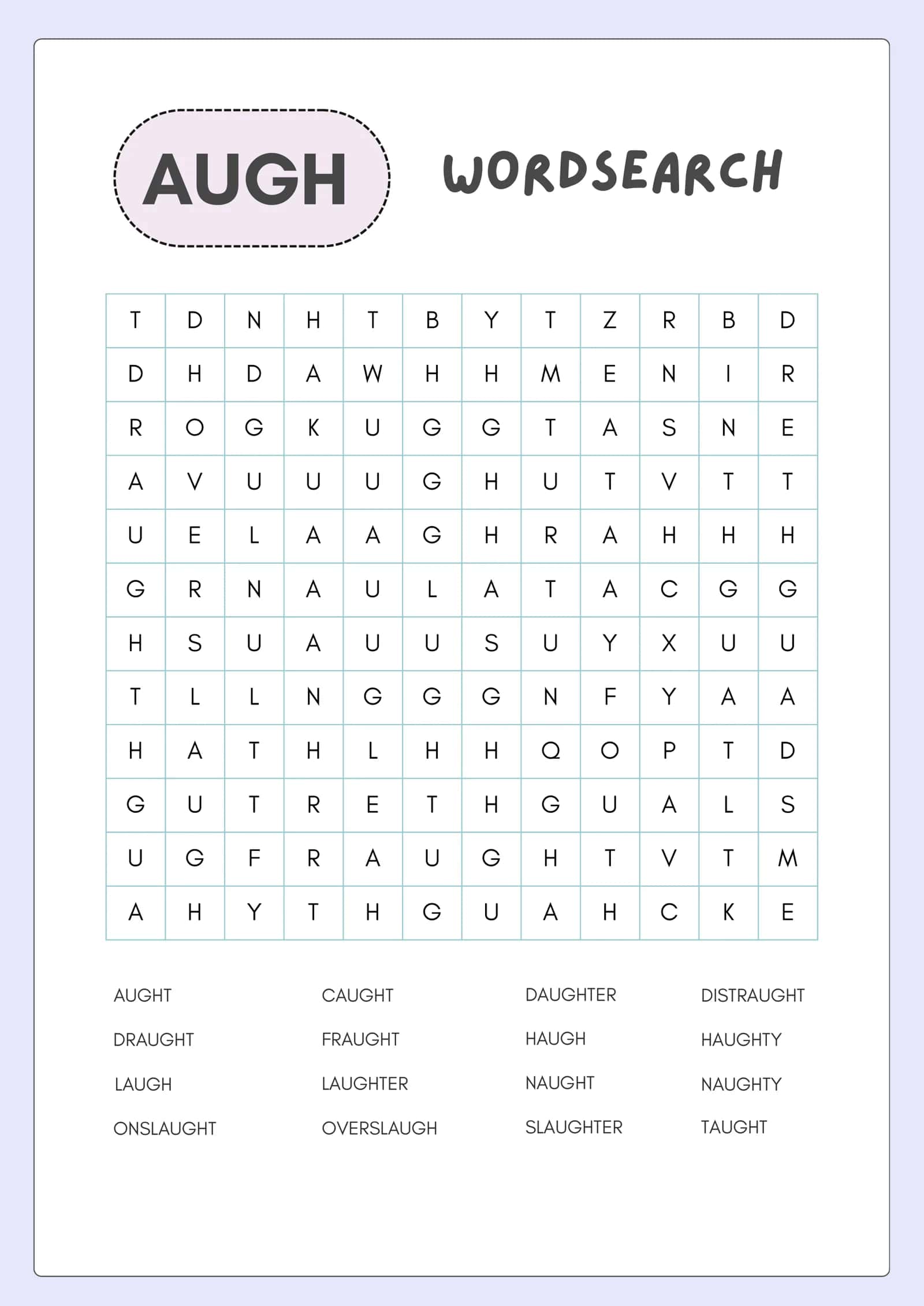 Ingliz tili Fonetika O‘yini: -AUGH- So‘z Qidirish (Wordsearch) — Chop etishga tayyor (PDF) 1
