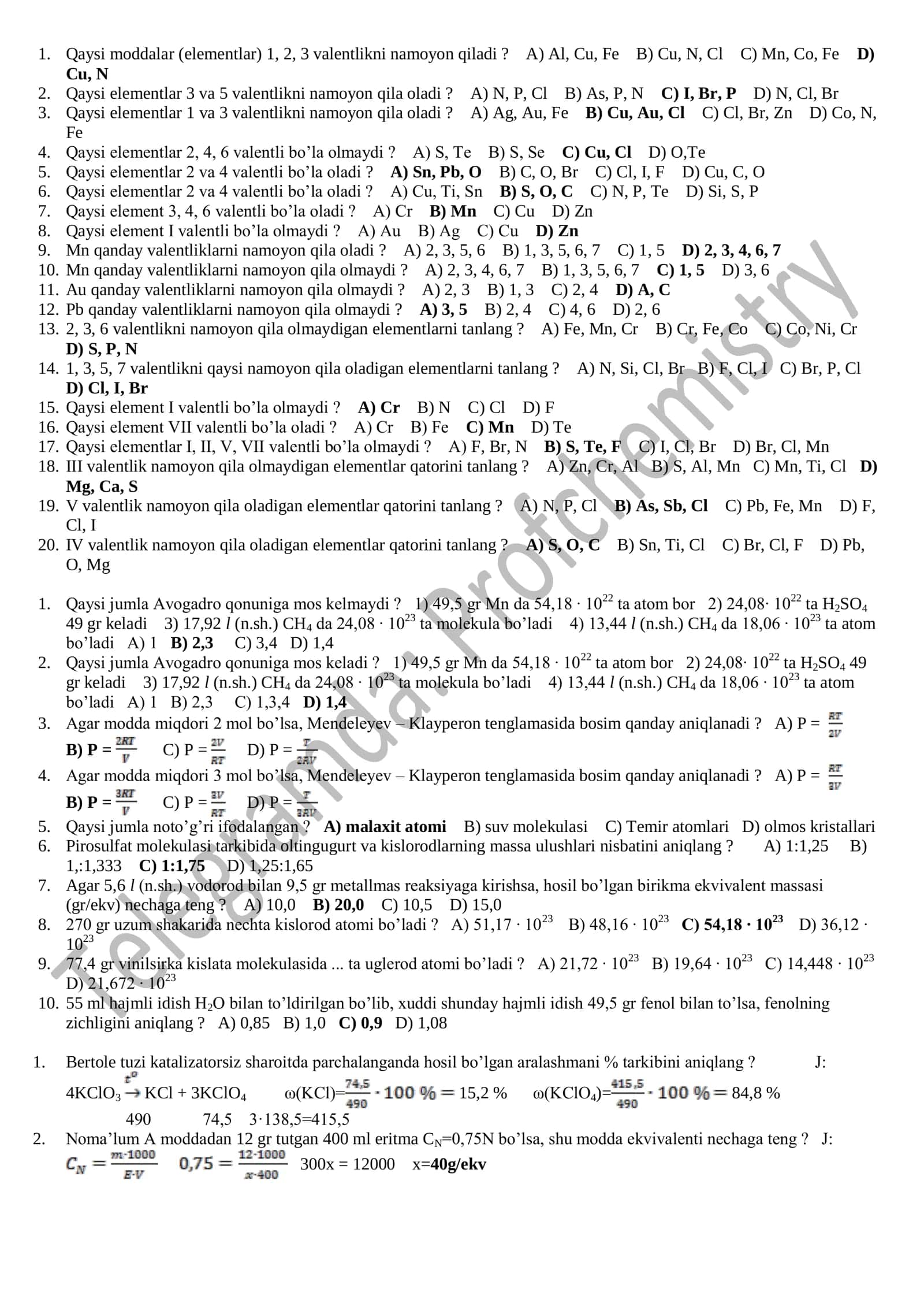 🧪 Kimyo fanidan 270 ta masala va batafsil yechimlar to‘plami 1