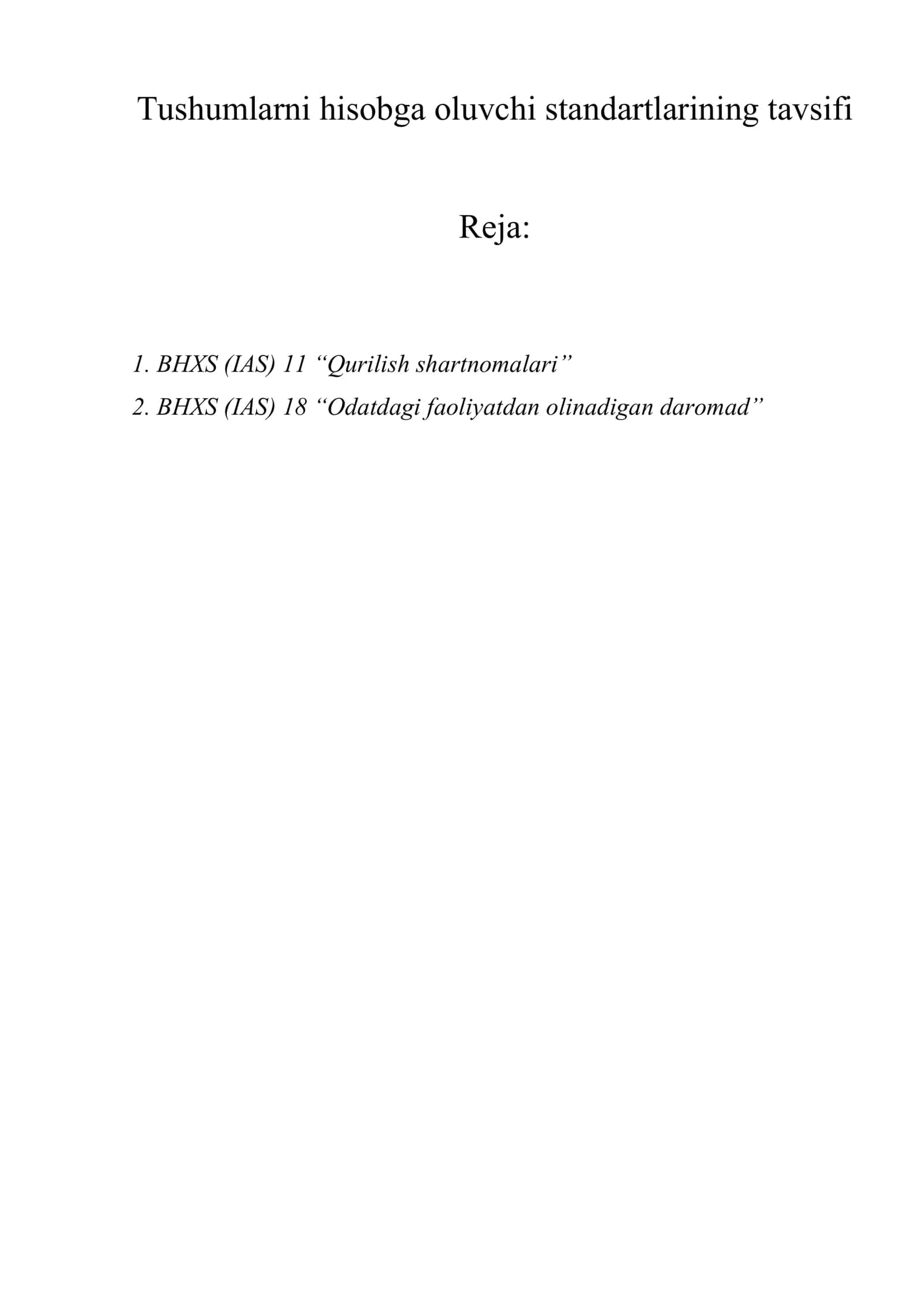 Tushumlarni hisobga oluvchi standartlarining tavsifi 1