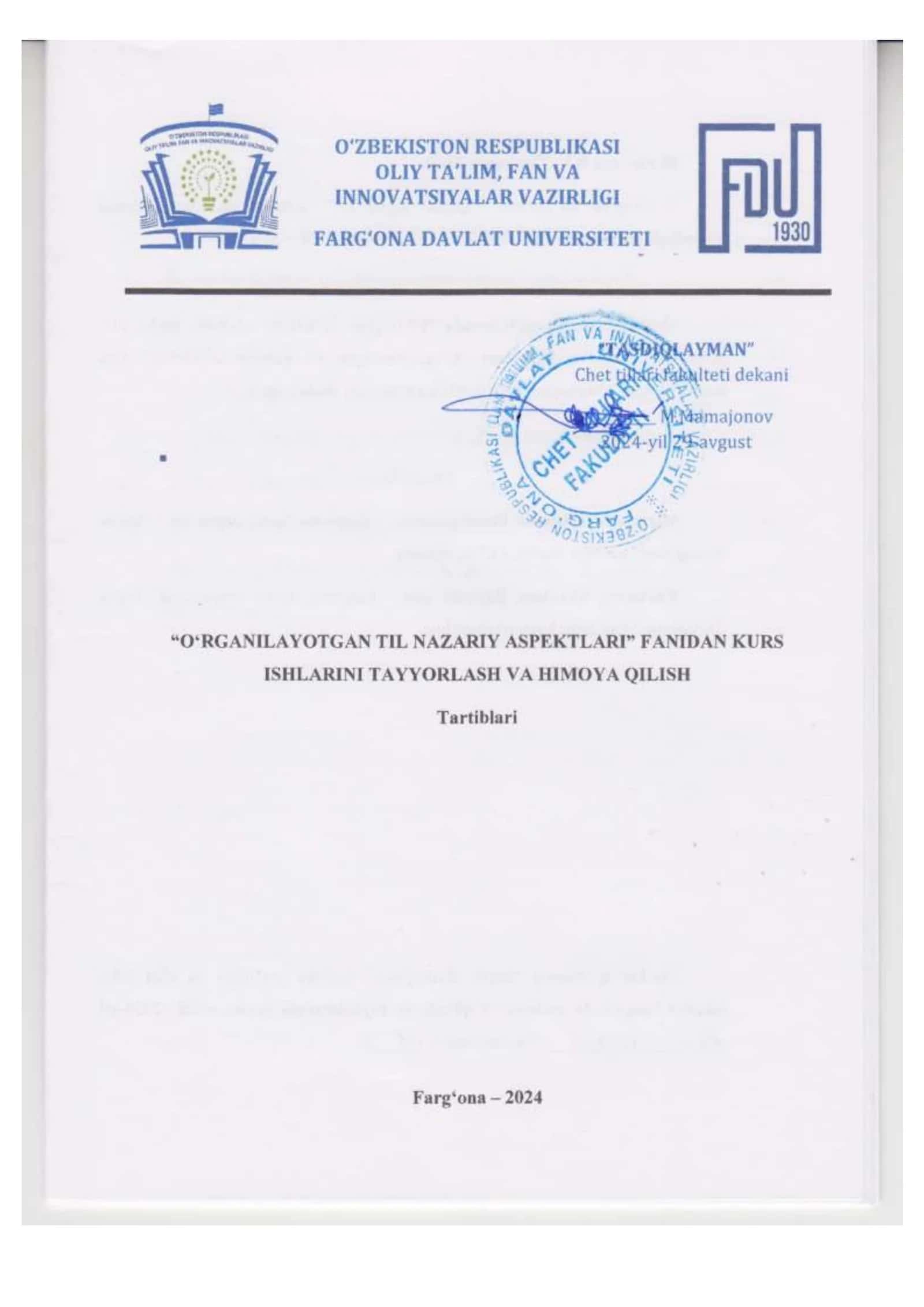 Bakalavr yo‗nalishlari o‗quv rejasida ko‗zda tutilgan asosiy fanlardan kurs ishlarini bajarish 1