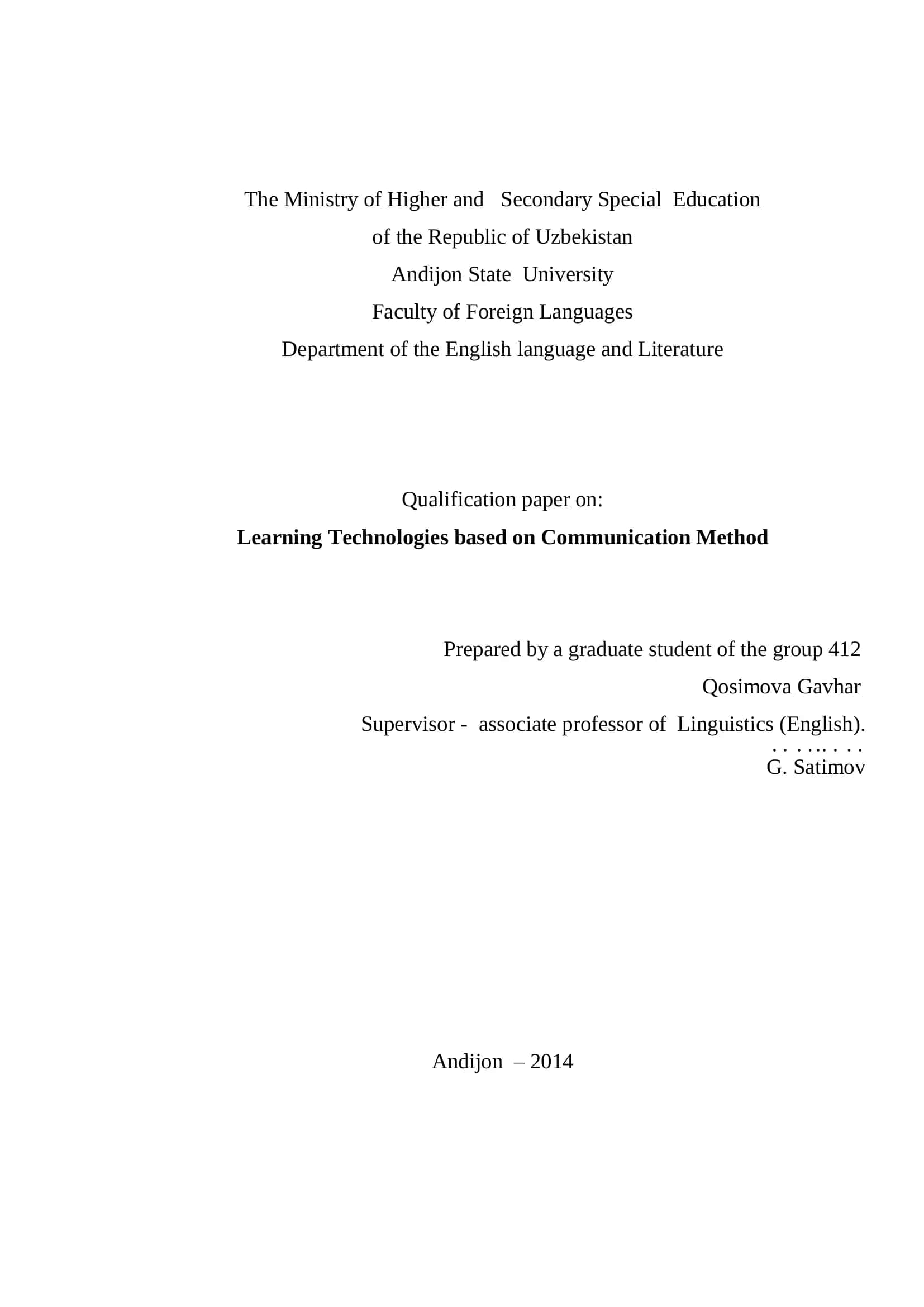 Qualification paper on Learning Technologies based on Communication Method 1