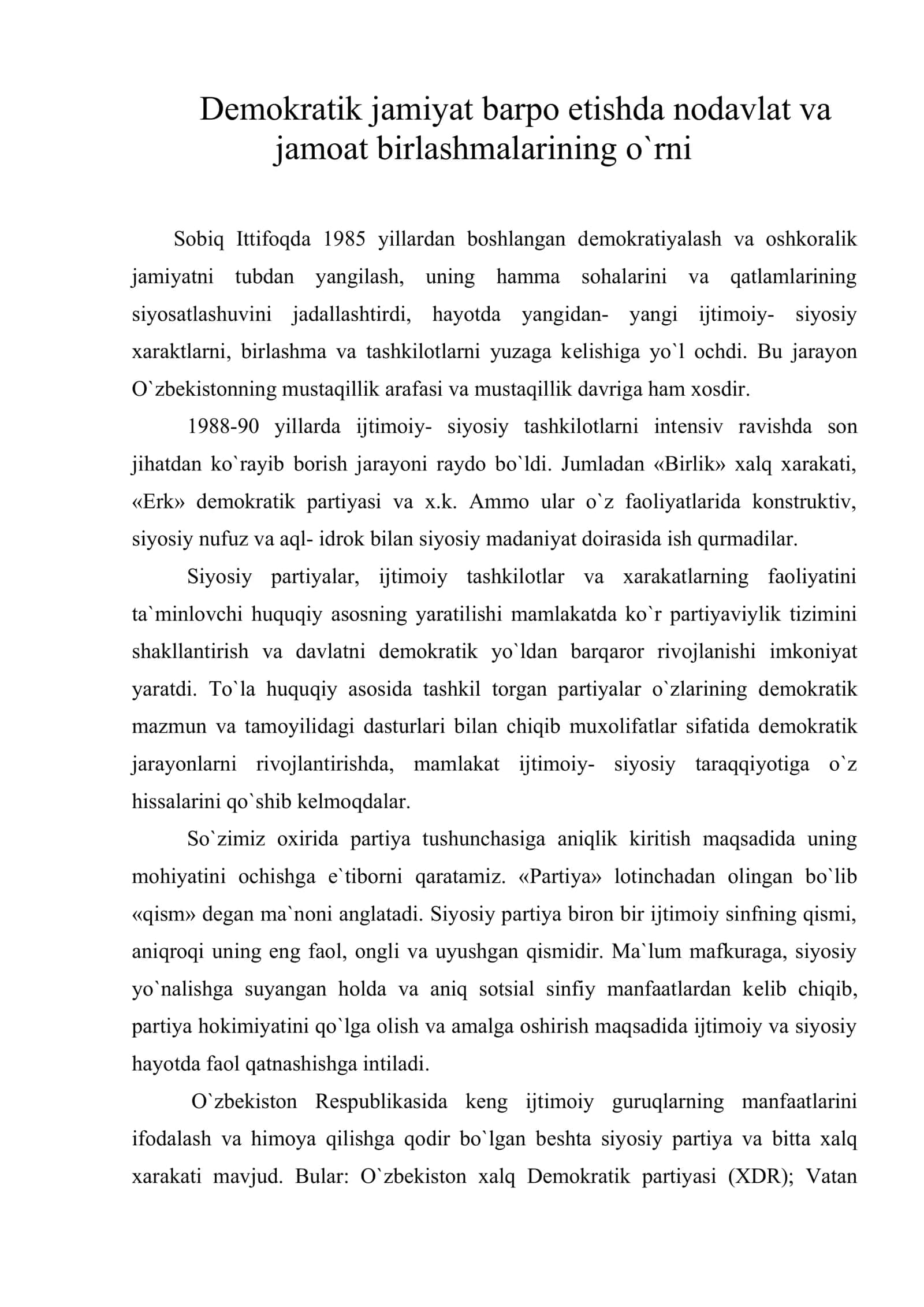 Dеmokratik jamiyat barpo etishda nodavlat va jamoat birlashmalarining o`rni 1