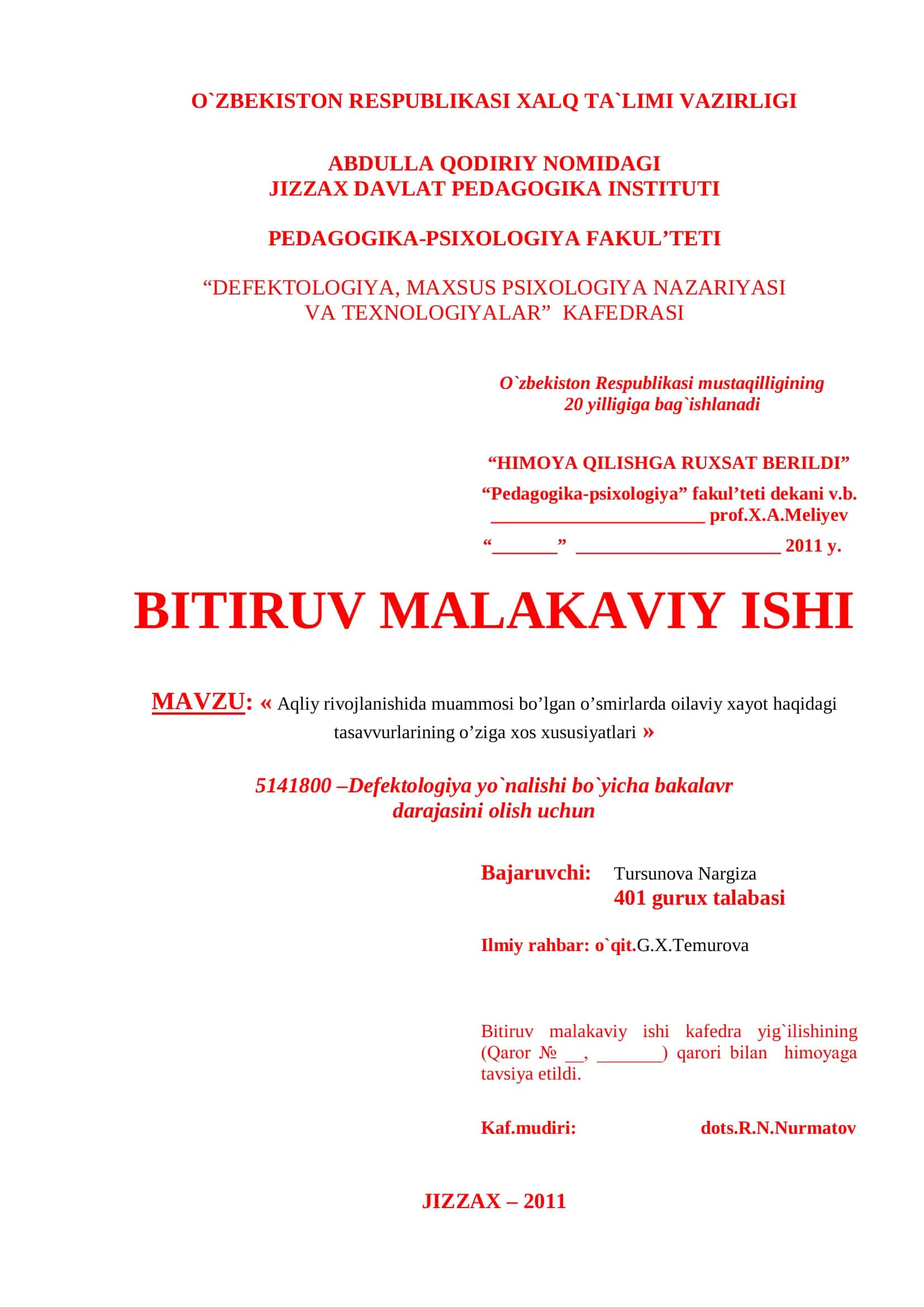 Aqliy rivojlanishida muammosi bo’lgan o’smirlarda oilaviy xayot haqidagi tasavvurlarining o’ziga xos xususiyatlari 1