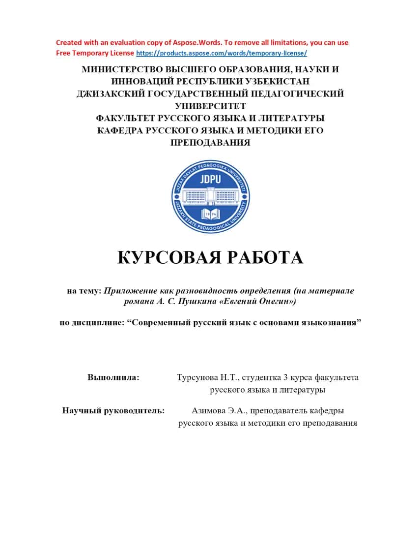 Приложение как разновидность определения (на материале романа А. С. Пушкина «Евгений Онегин») 1