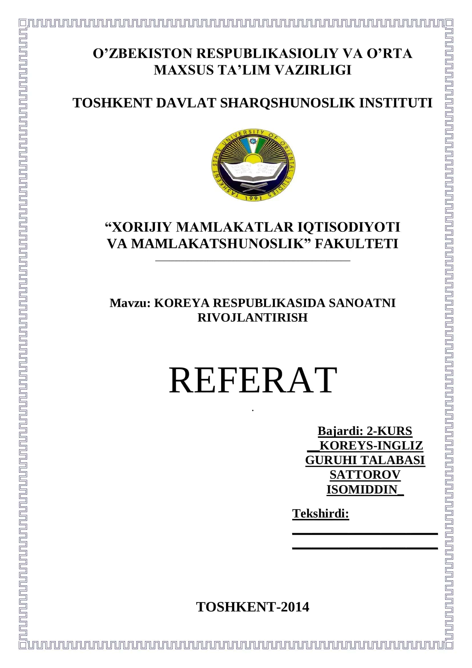 KOREYA RESPUBLIKASIDA SANOATNI RIVOJLANTIRISH REFERAT 1