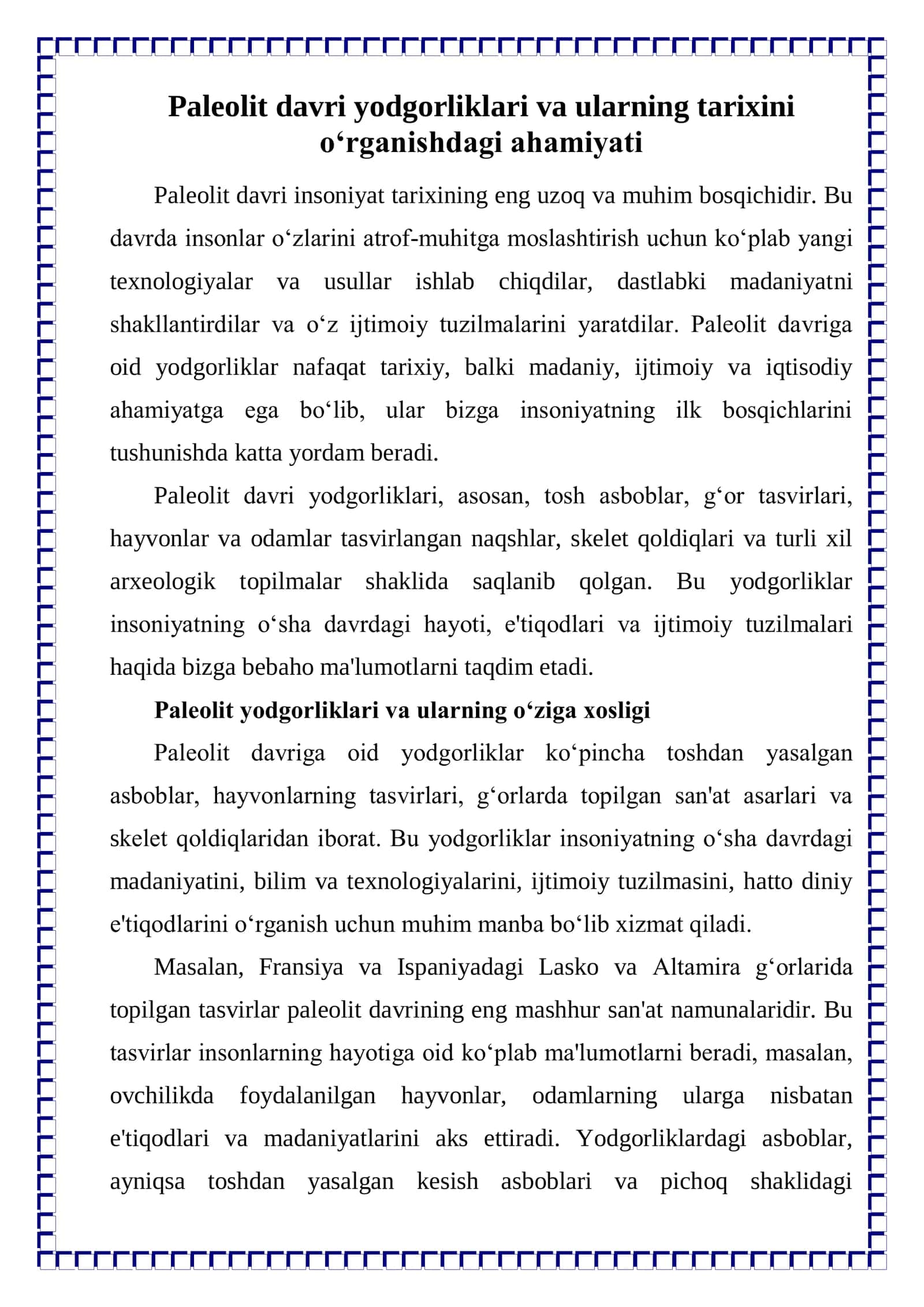 Paleolit davri yodgorliklari va ularning tarixini o'rganish 1