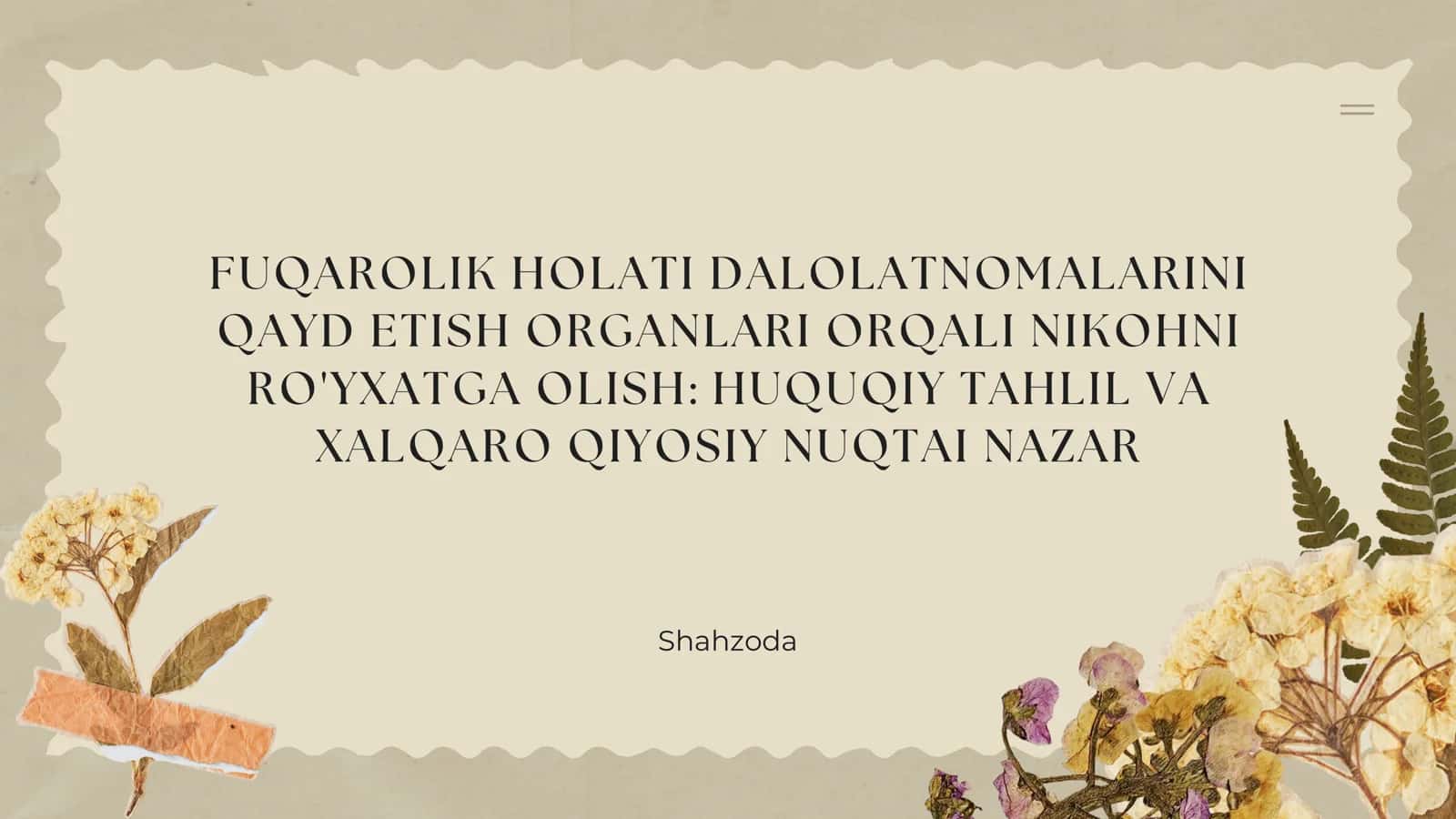 FUQAROLIK HOLATI DALOLATNOMALARINI QAYD ETISH ORGANLARI ORQALI NIKOHNI 1