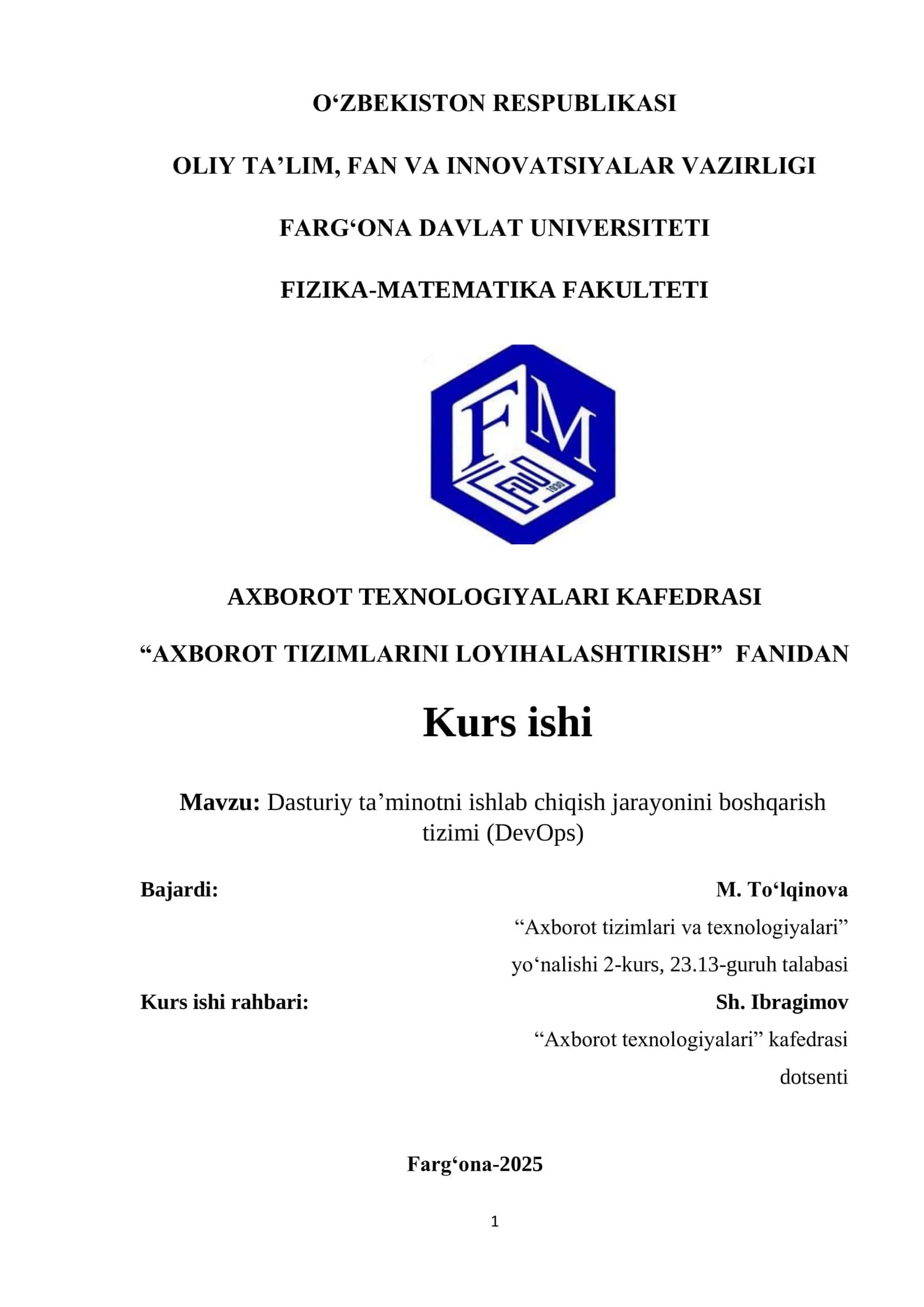 Dasturiy ta’minotni ishlab chiqish jarayonini boshqarish  tizimi (DevOps) 1