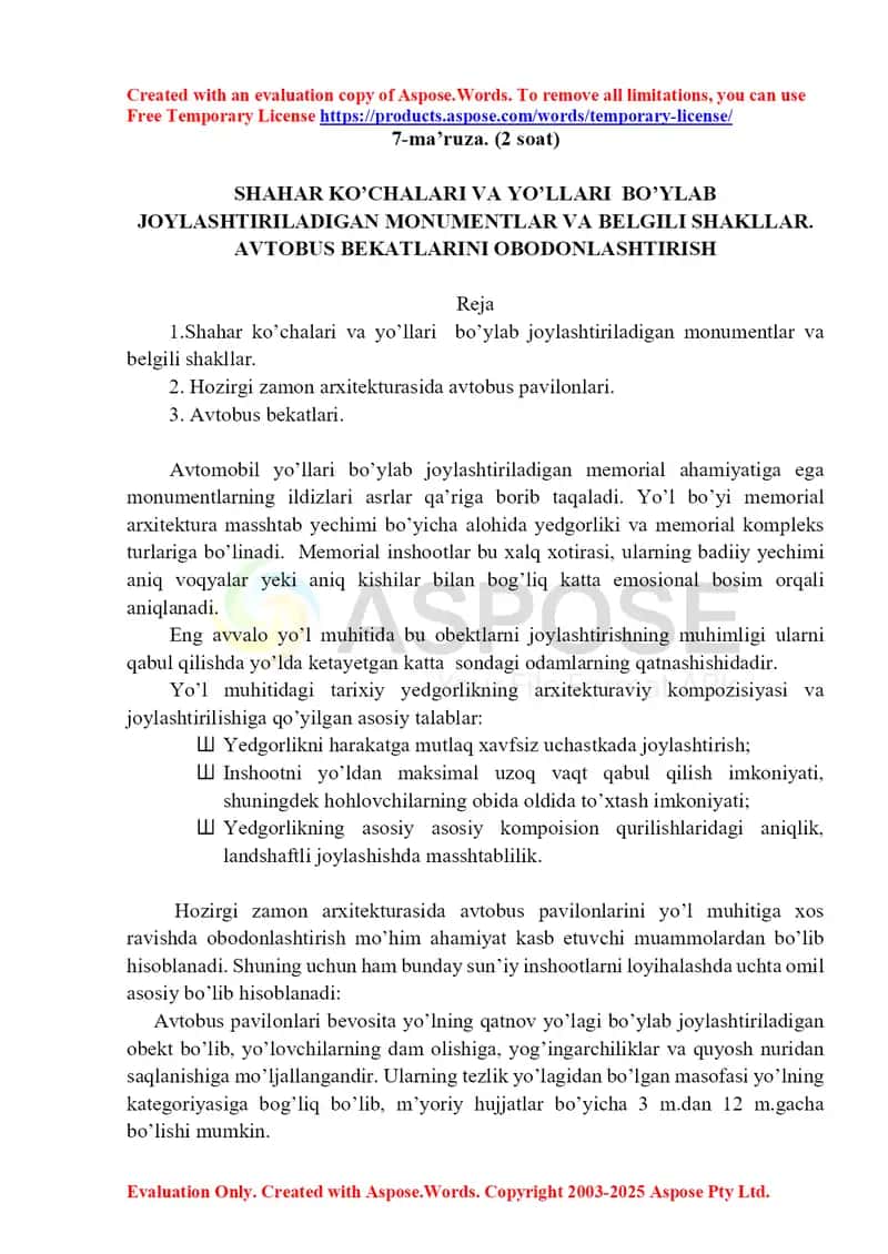 7-ma’ruza: Shahar ko‘chalari va yo‘llari bo‘ylab joylashtiriladigan monumentlar va avtobus bekatlarini obodonlashtirish 1