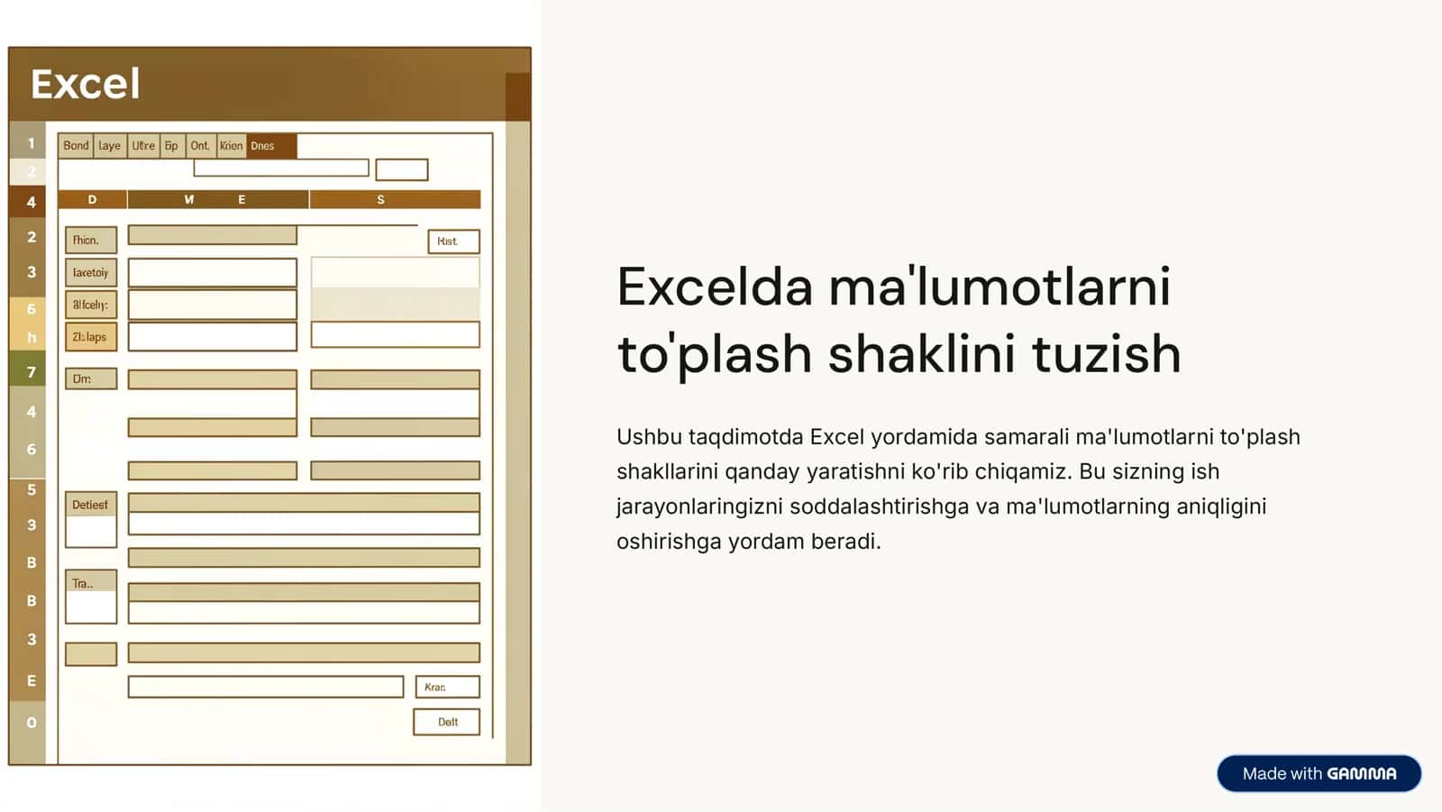 Excelda ma'lumotlarni to'plash shaklini tuzish 1