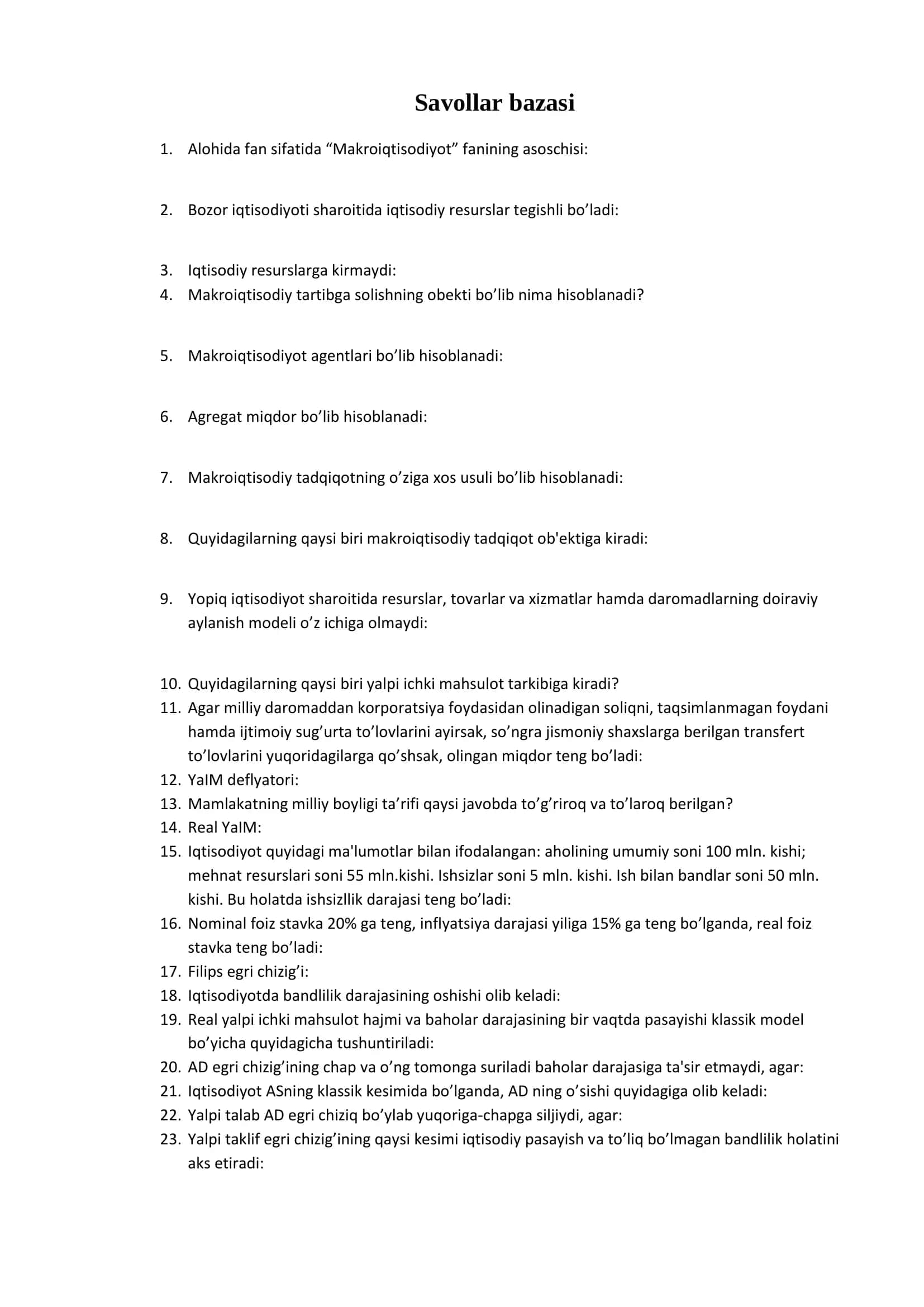 Makroiqtisodiyot fanidan savollar 1