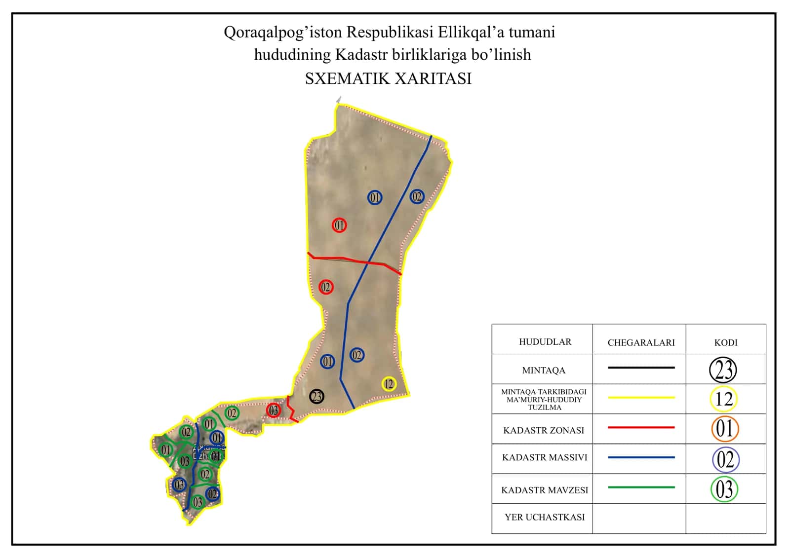 Qoraqalpog’iston Respublikasi Ellikqal’a tumani hududining Kadastr birliklariga bo’linish SXEMATIK XARITASI 1