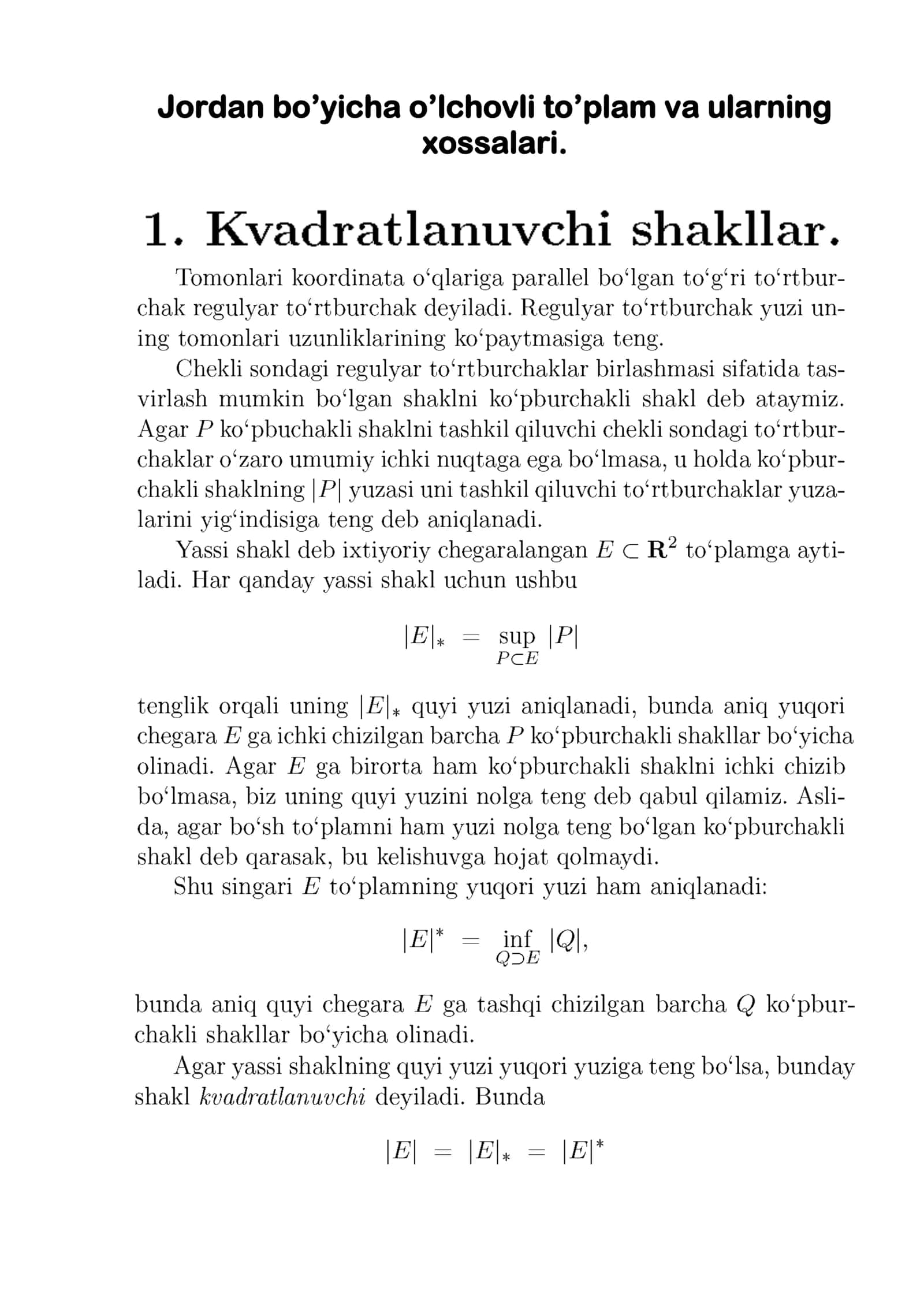 Jordan bo’yicha o’lchovli to’plam va ularning xossalari 1